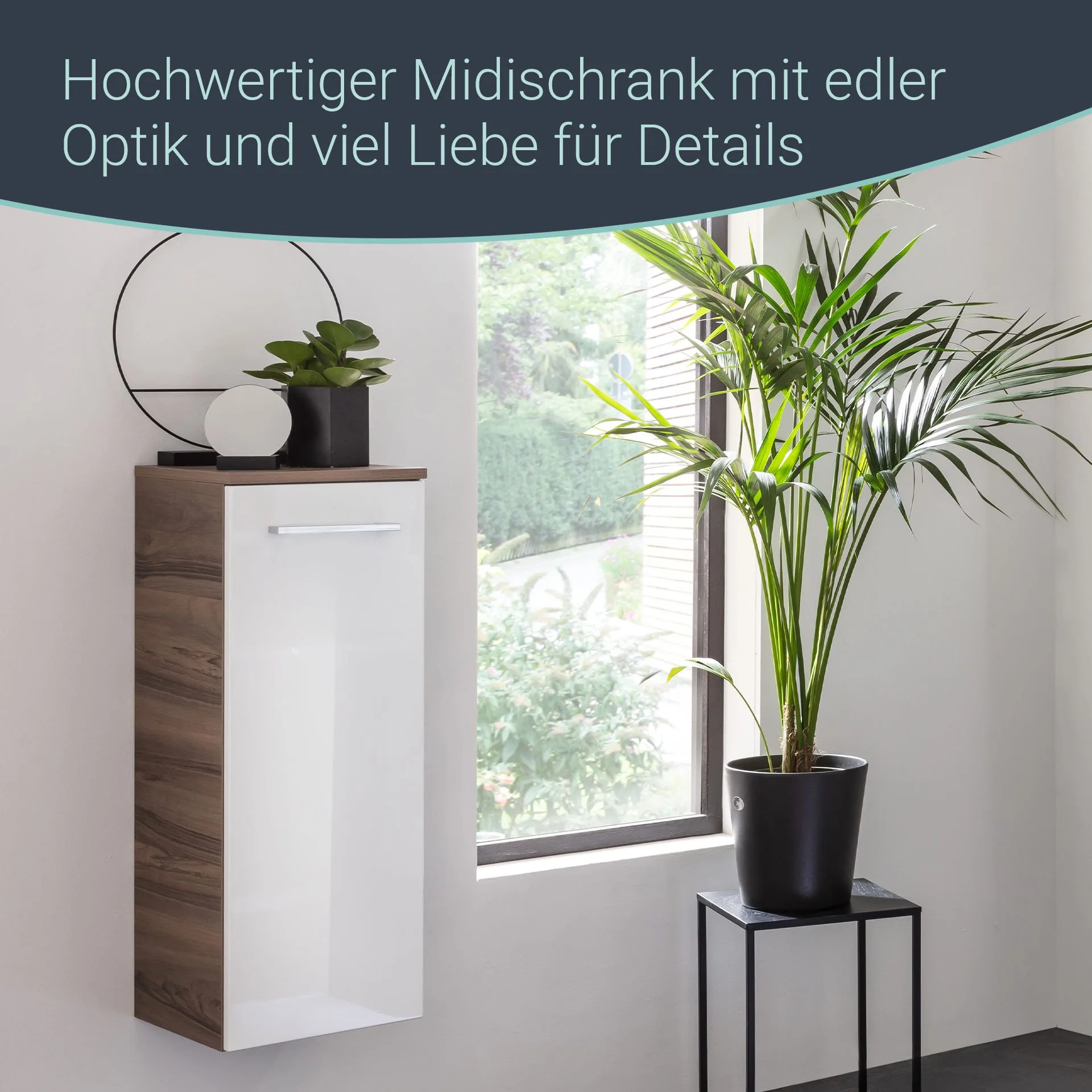 FACKELMANN VERONA Midischrank 30 cm breit, Weiß Hochglanz/Braun Dunkel, Türanschlag links