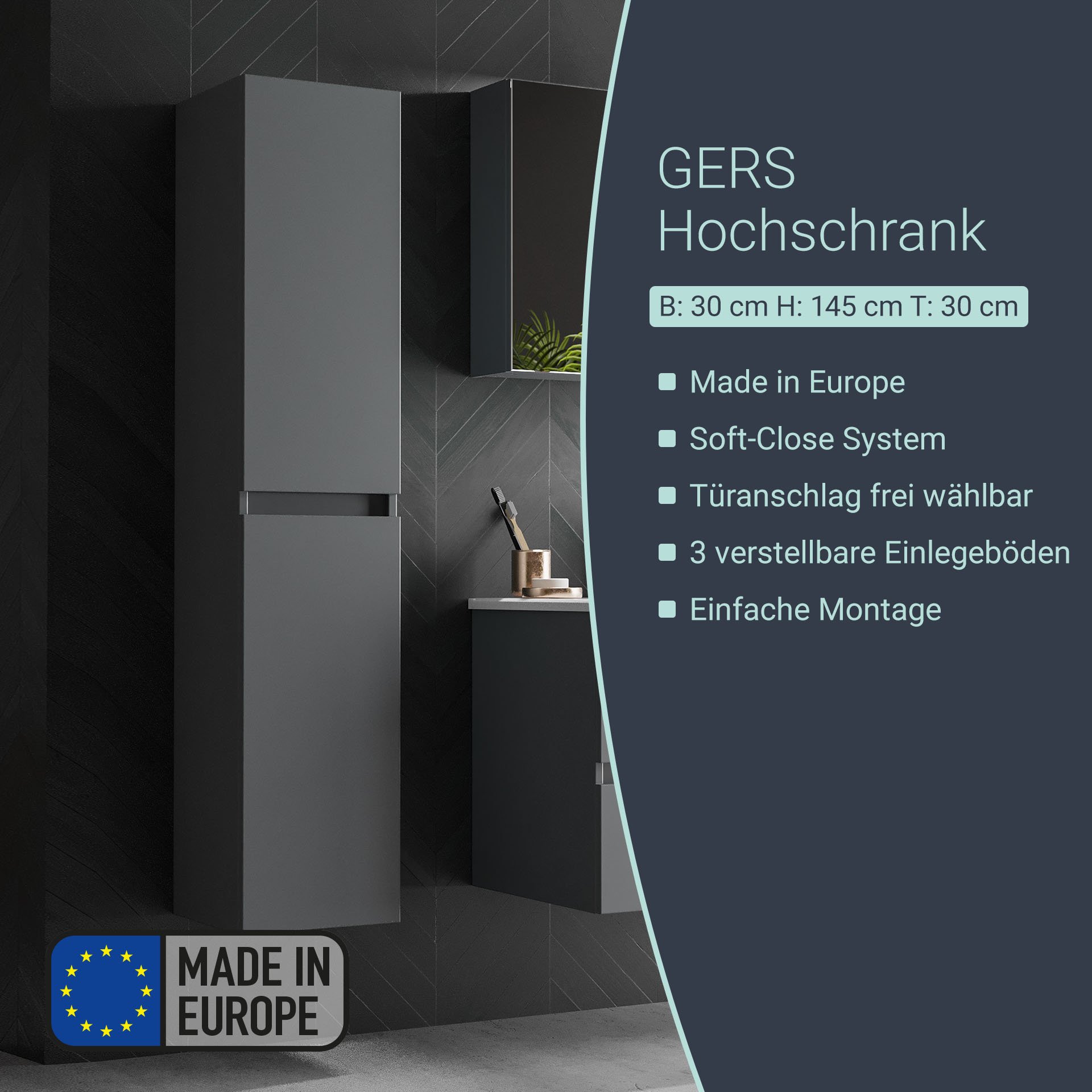 BADEDU GERS Hochschrank 30 cm breit, Grau