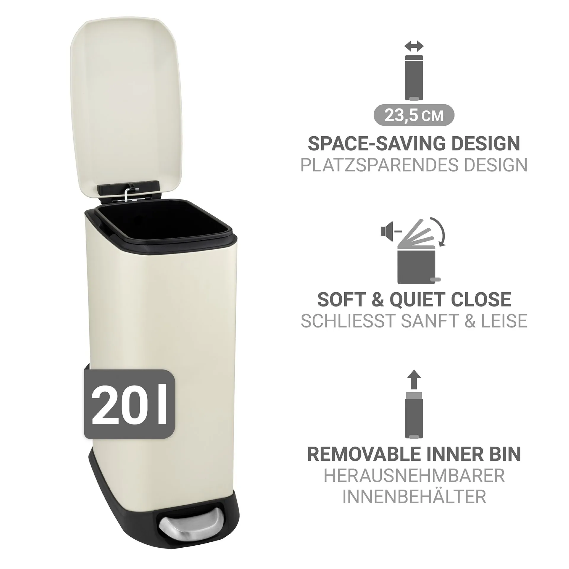 WENKO DESIGN Mülleimer 20 Liter, Beige, mit Absenkautomatik