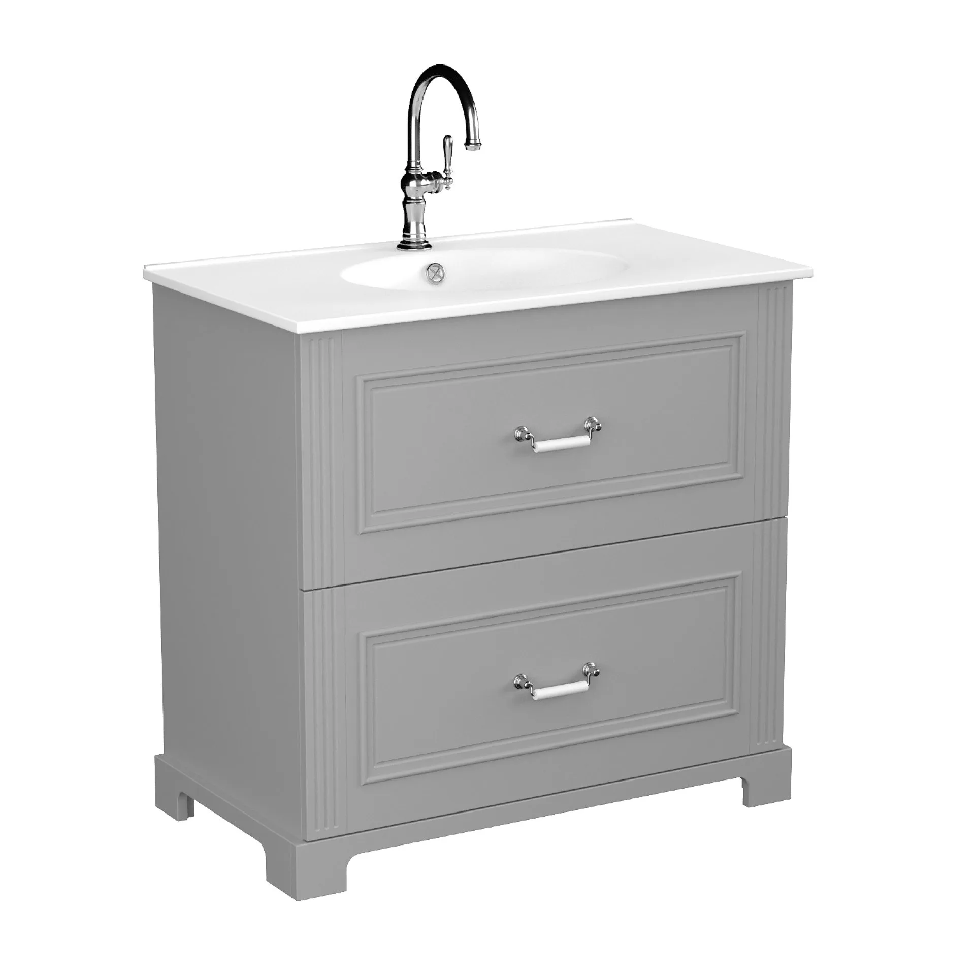 BADEDU RILA Waschbecken mit Unterschrank 80 cm breit, Grau matt, Waschbecken Keramik Weiß, mit Füßen