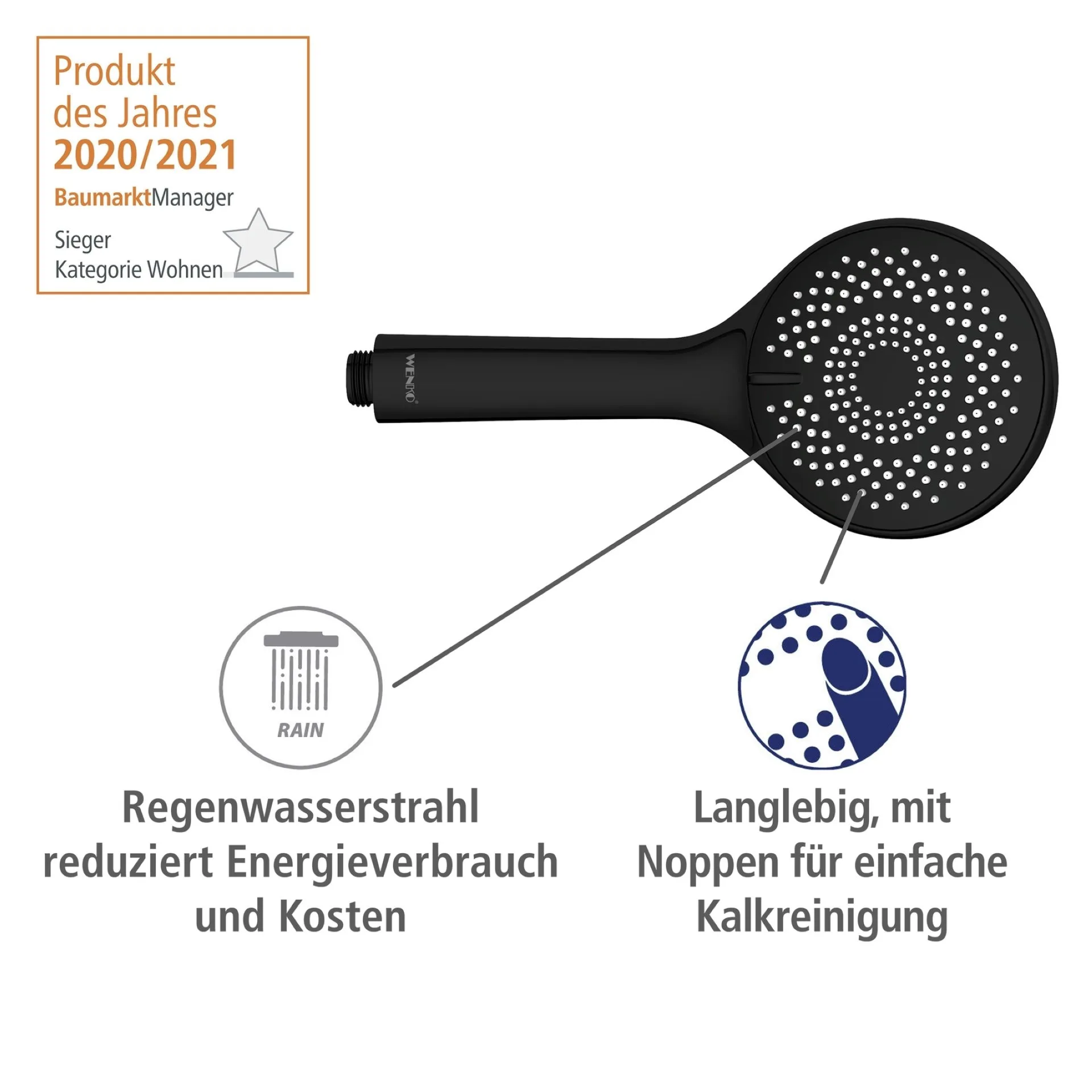 WENKO Stangenbrause Set 70 cm, Schwarz, mit Wassersparsystem, 3 verschiedene Wasserstrahlarten, Edelstahl
