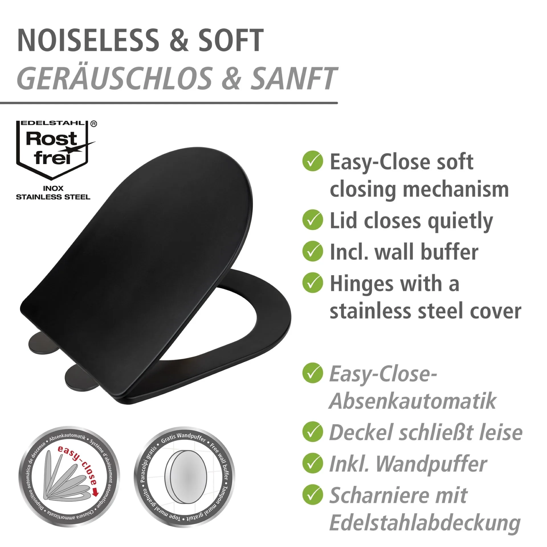 WENKO GALATI WC-Sitz, Schwarz matt, mit Absenkautomatik, Soft-Touch-Effekt
