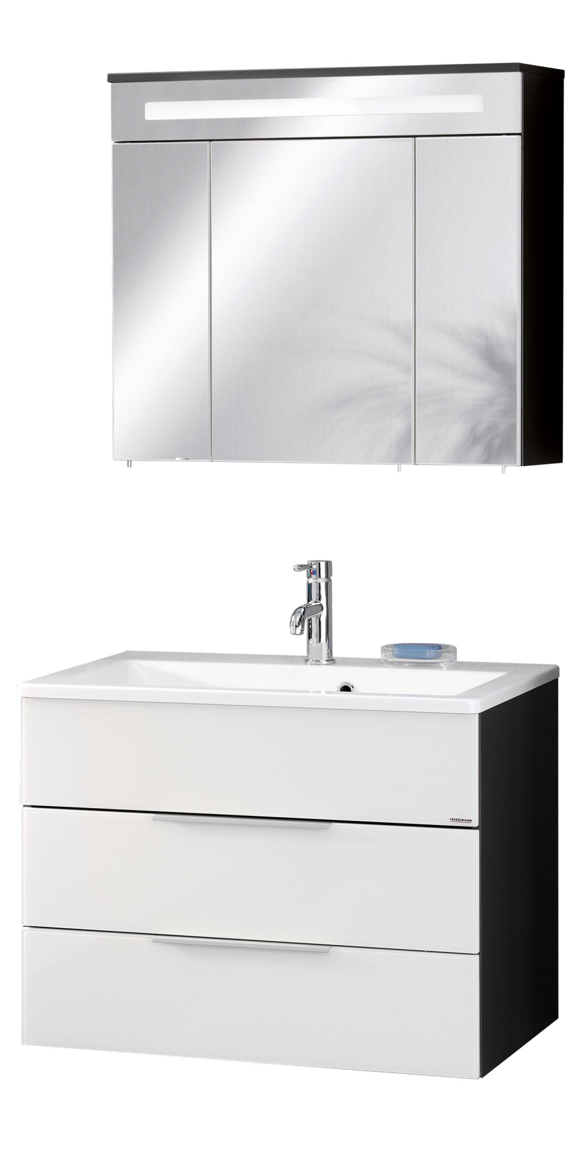 FACKELMANN KARA Waschtisch Set mit Spiegelschrank 80 cm breit, Weiß/Anthrazit, Waschbecken Gussmarmor Weiß, 2 Schubladen