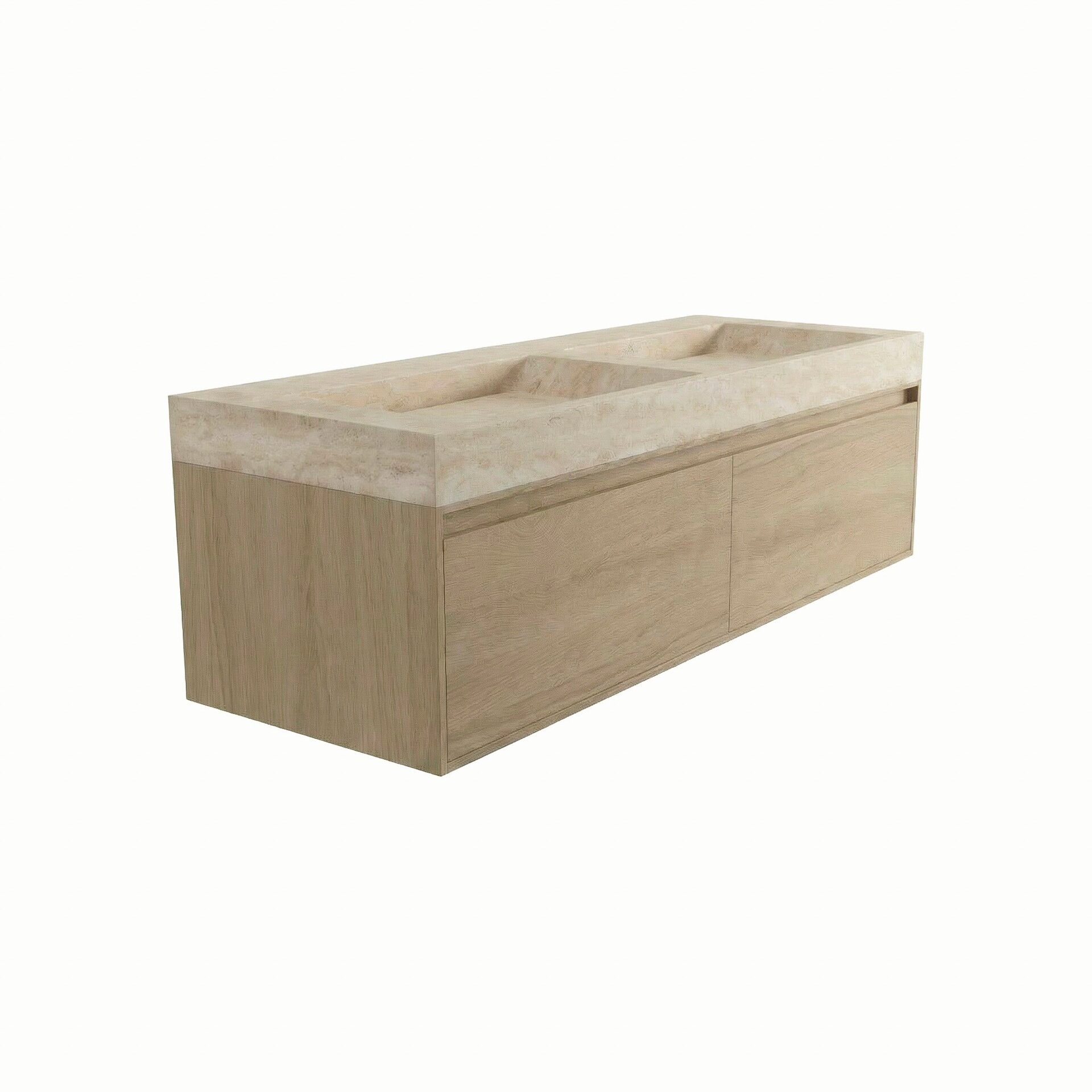FORZALAQUA IBIZA BELLEZZA Waschbecken mit Unterschrank 160 cm breit, Braun hell, Doppelwaschbecken Naturstein Travertin matt ohne Hahnloch, 2 Schubladen