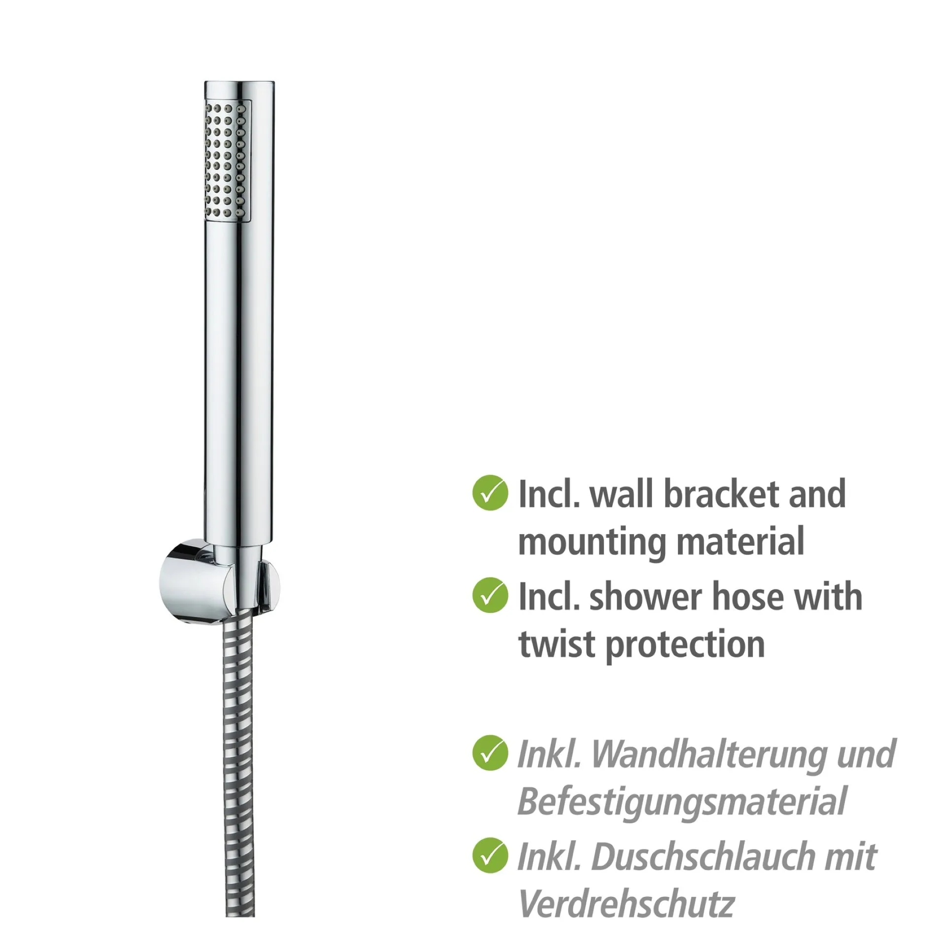WENKO BASIC LINE Duschkopf mit Schlauch und Halterung, Chrom, 150 cm