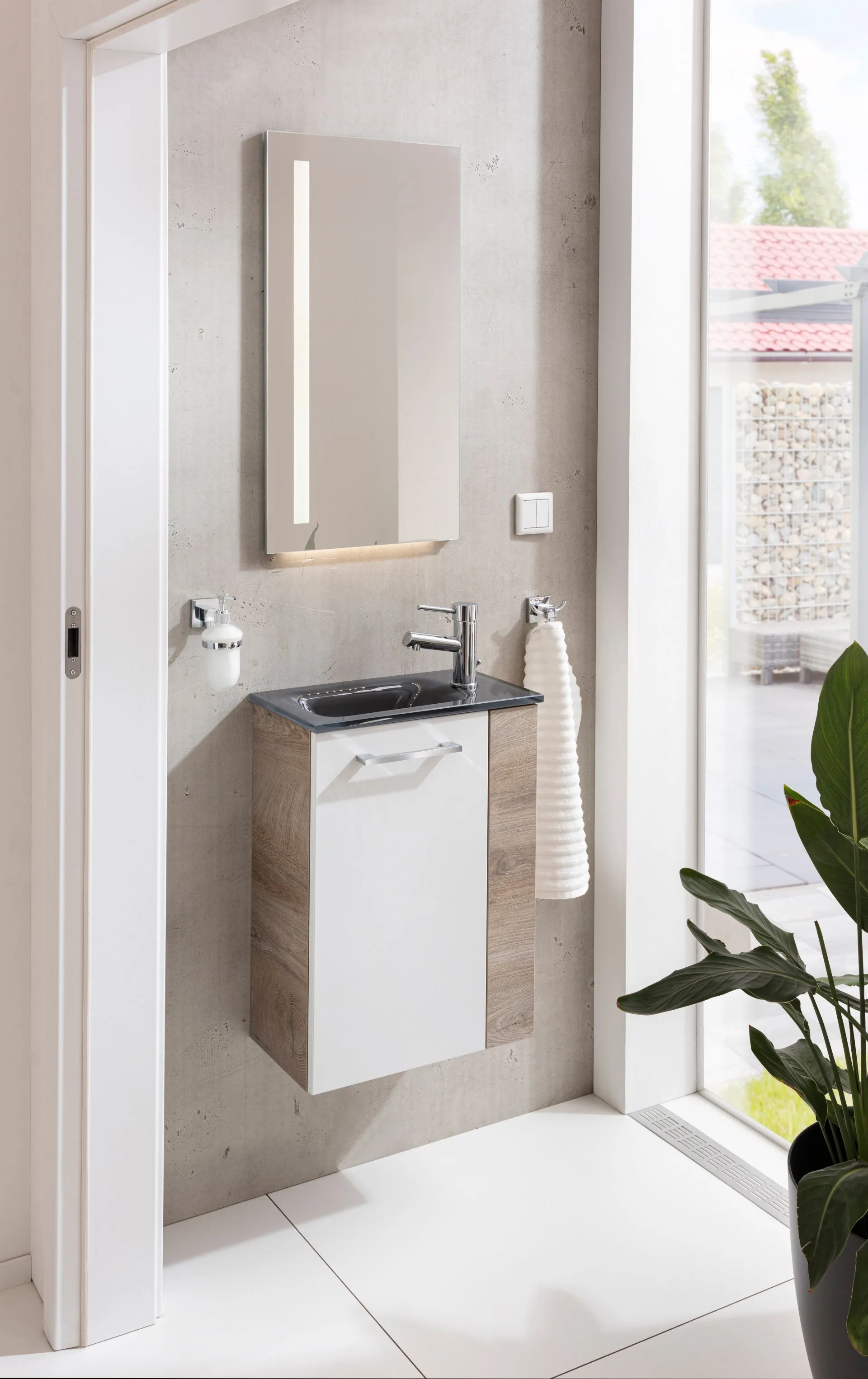 FACKELMANN SBC STANFORD Gäste WC Waschtisch Set 45 cm breit, Weiß/Braun hell, Waschbecken Glas Anthrazit, Türanschlag links