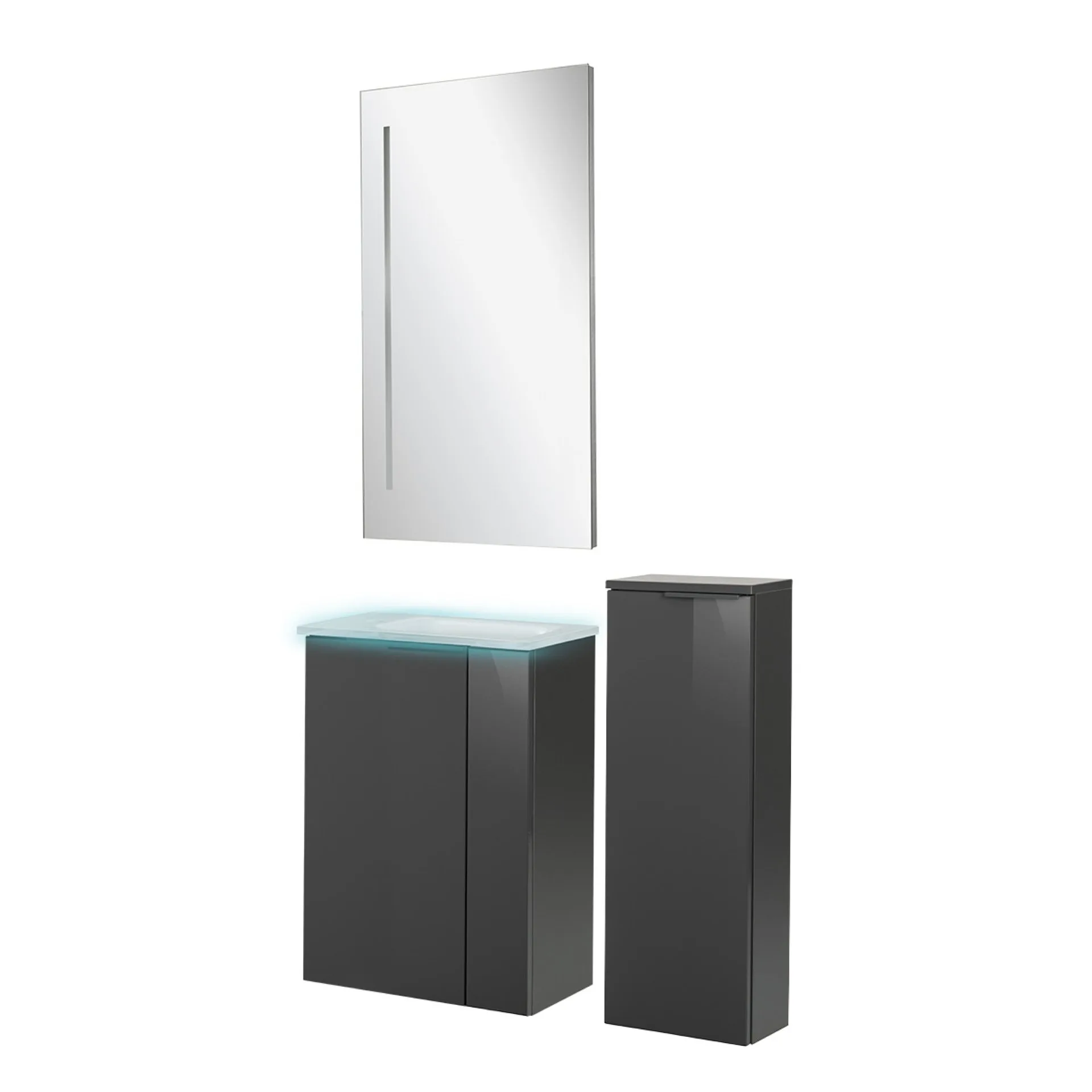 FACKELMANN SBC LUNA Gäste WC Waschtisch Set mit Spiegel 45 cm breit, Anthrazit, Waschbecken Glas Weiß, Türanschlag links + Midischrank slim + Waschbeckenbeleuchtung