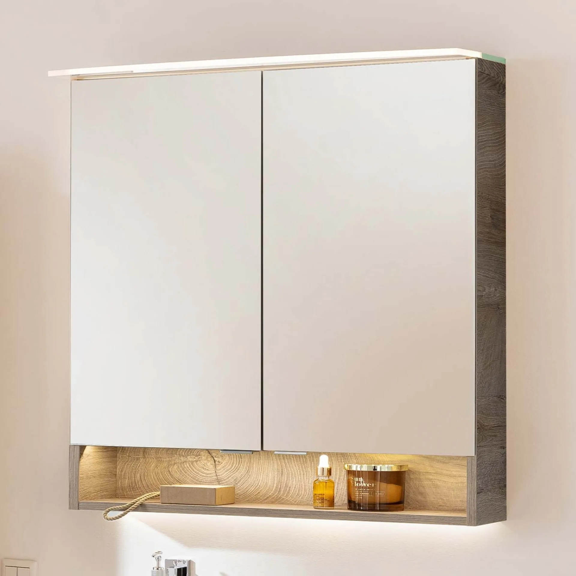 FACKELMANN B.STYLE LED Spiegelschrank 80 cm breit, Braun hell