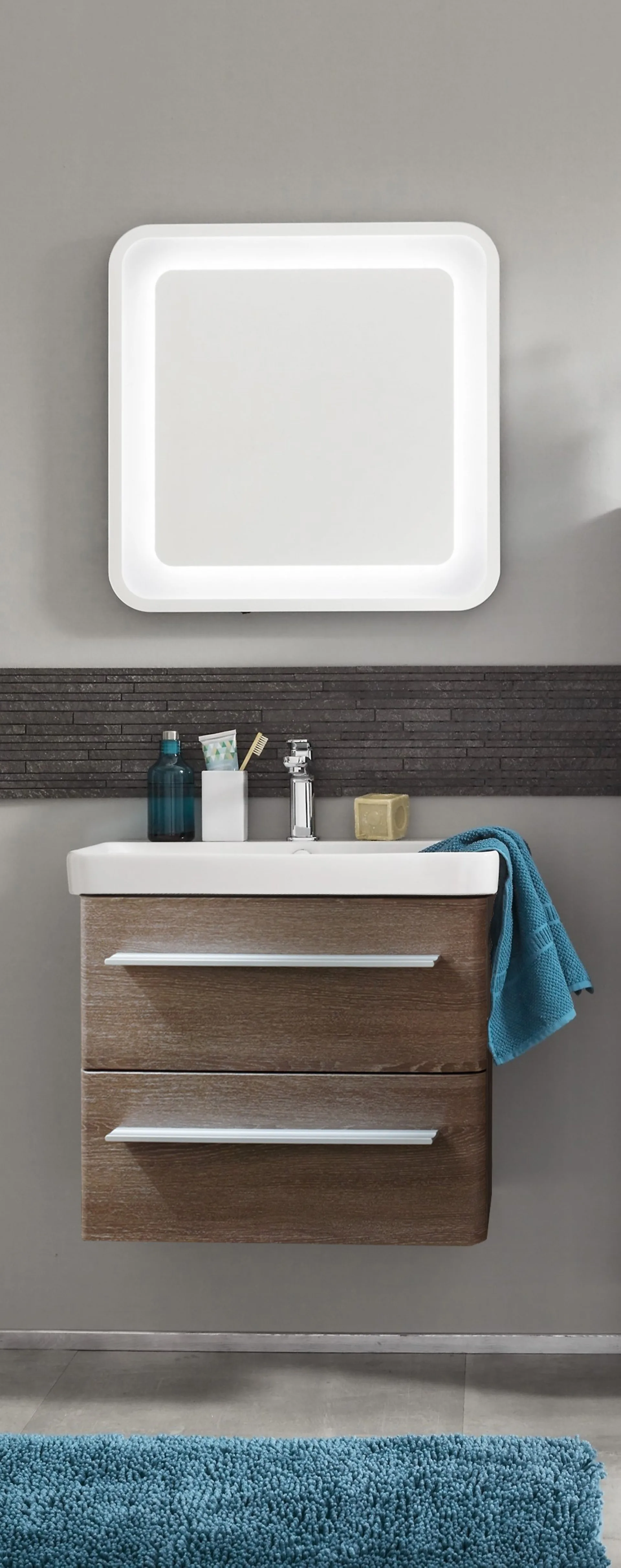 LANZET K8 Waschbecken mit Unterschrank, 60 cm breit, Braun dunkel, Waschbecken Keramik Weiß