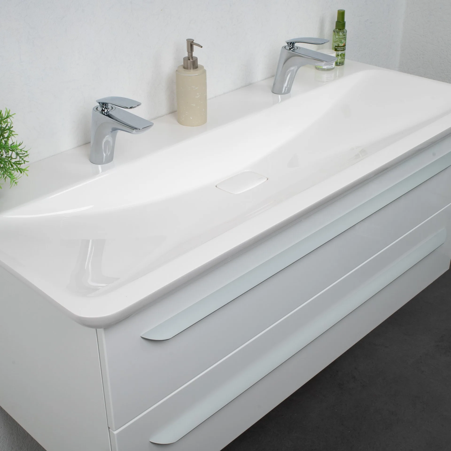 LANZET M9 Doppelwaschbecken 127 cm breit, Weiß, Gussmarmor, 2 Hahnlöcher + Waschbeckenbeleuchtung