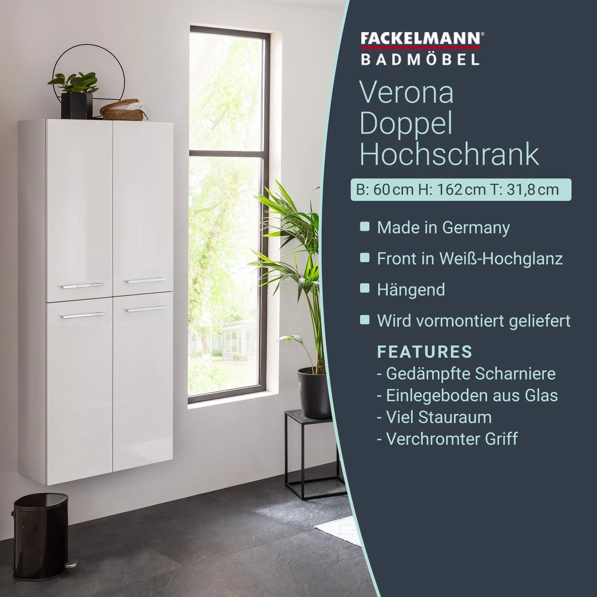 FACKELMANN VERONA Doppel Hochschrank 60 cm breit, Weiß Hochglanz