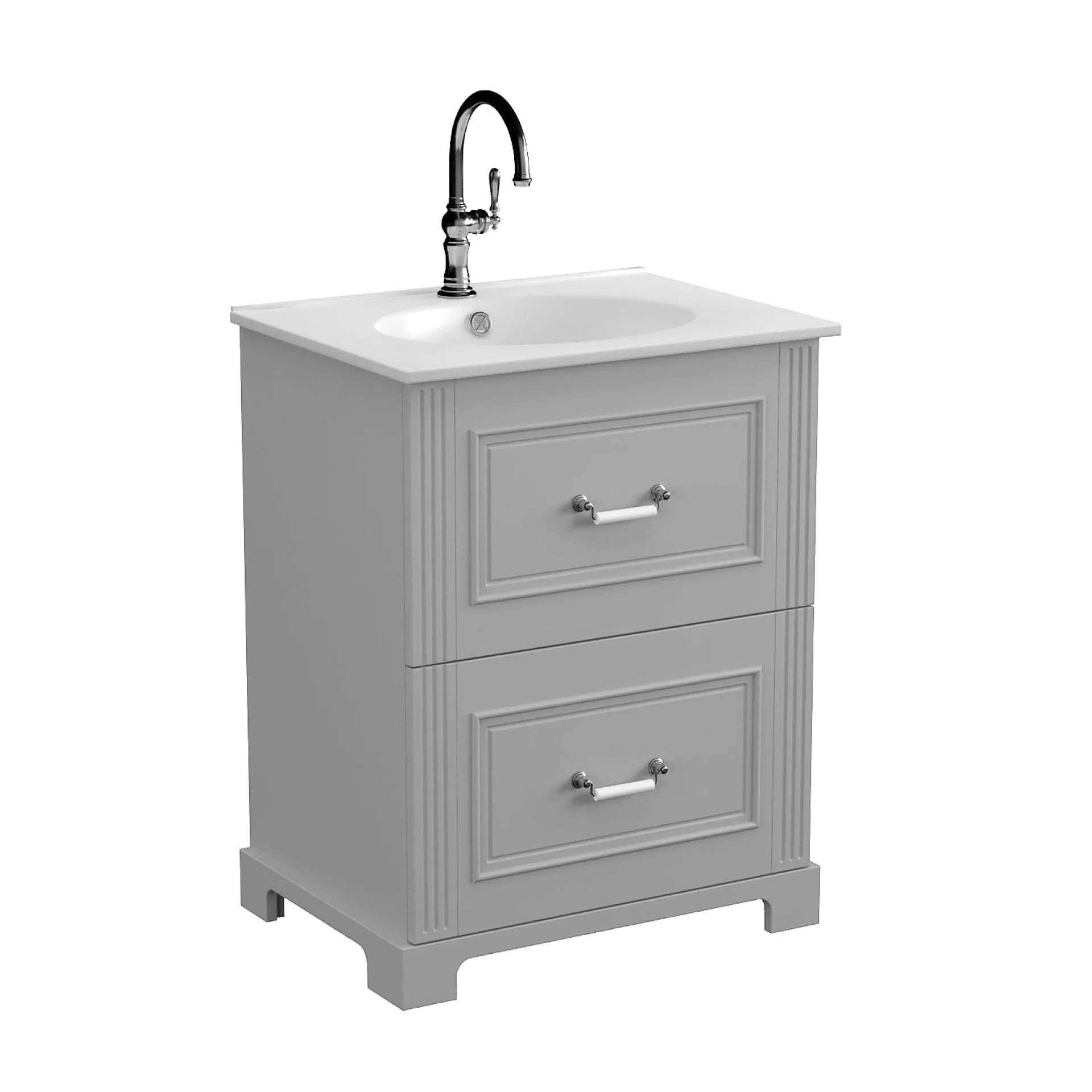 BADEDU RILA Waschbecken mit Unterschrank 60 cm breit, Grau matt, Waschbecken Keramik Weiß, mit Füßen