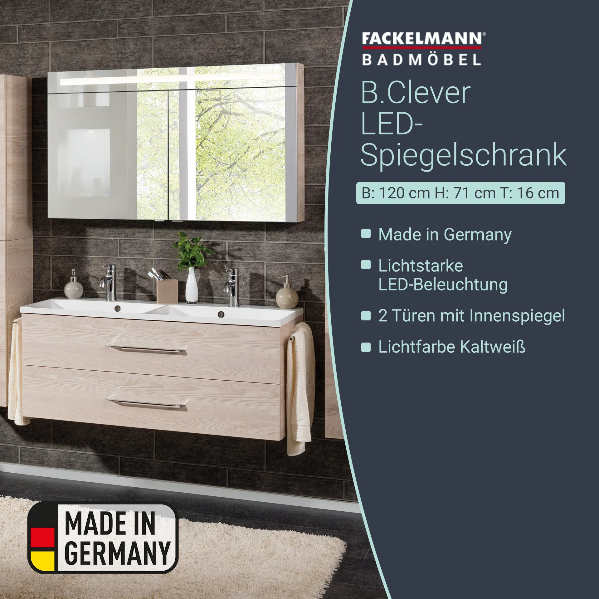 FACKELMANN B.CLEVER LED Spiegelschrank 120 cm breit, Braun hell, 2 Türen