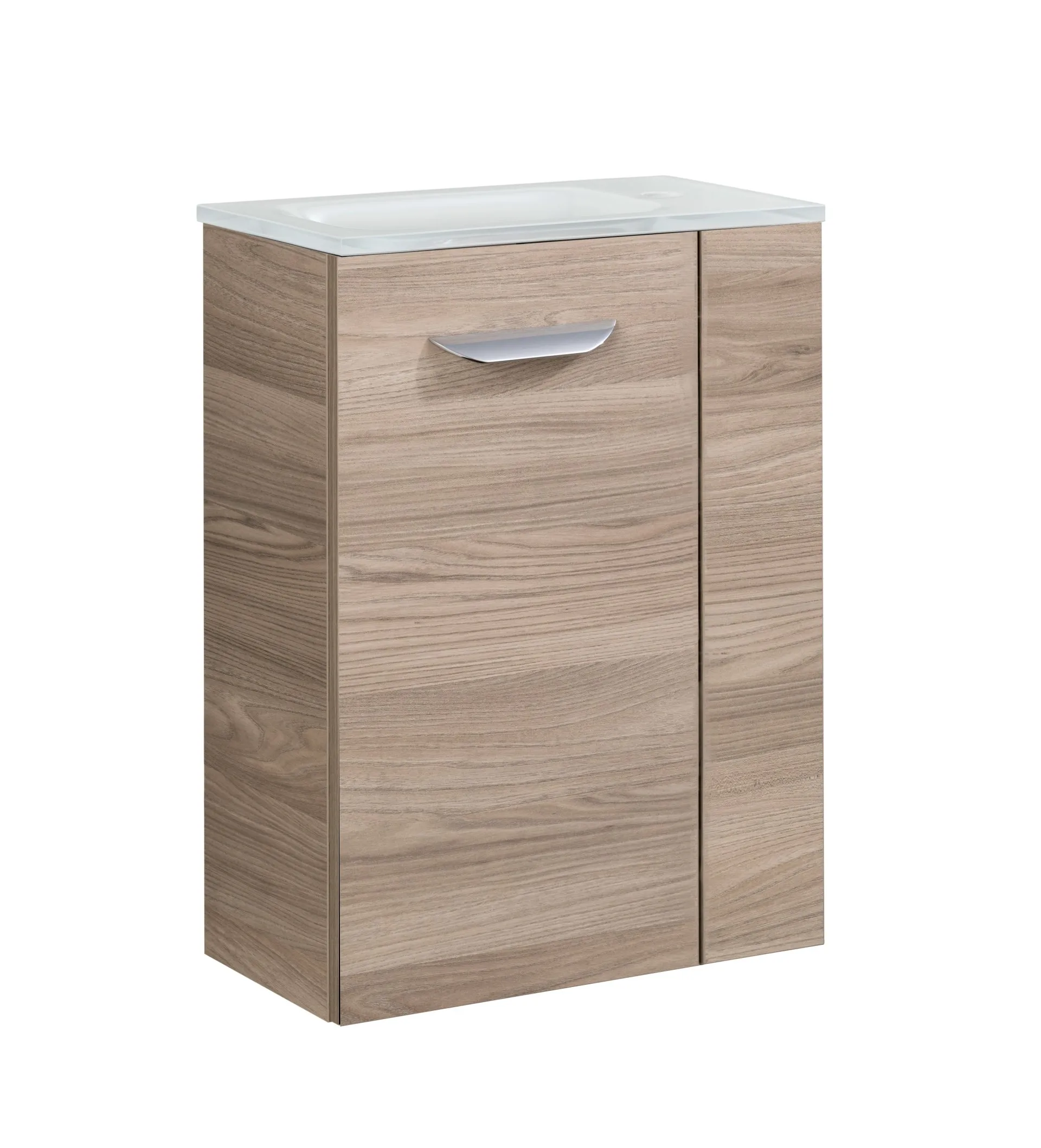 FACKELMANN SBC LUXOR Gäste WC Waschtisch Set 45 cm breit, Braun hell, Waschbecken Glas Weiß, Türanschlag links