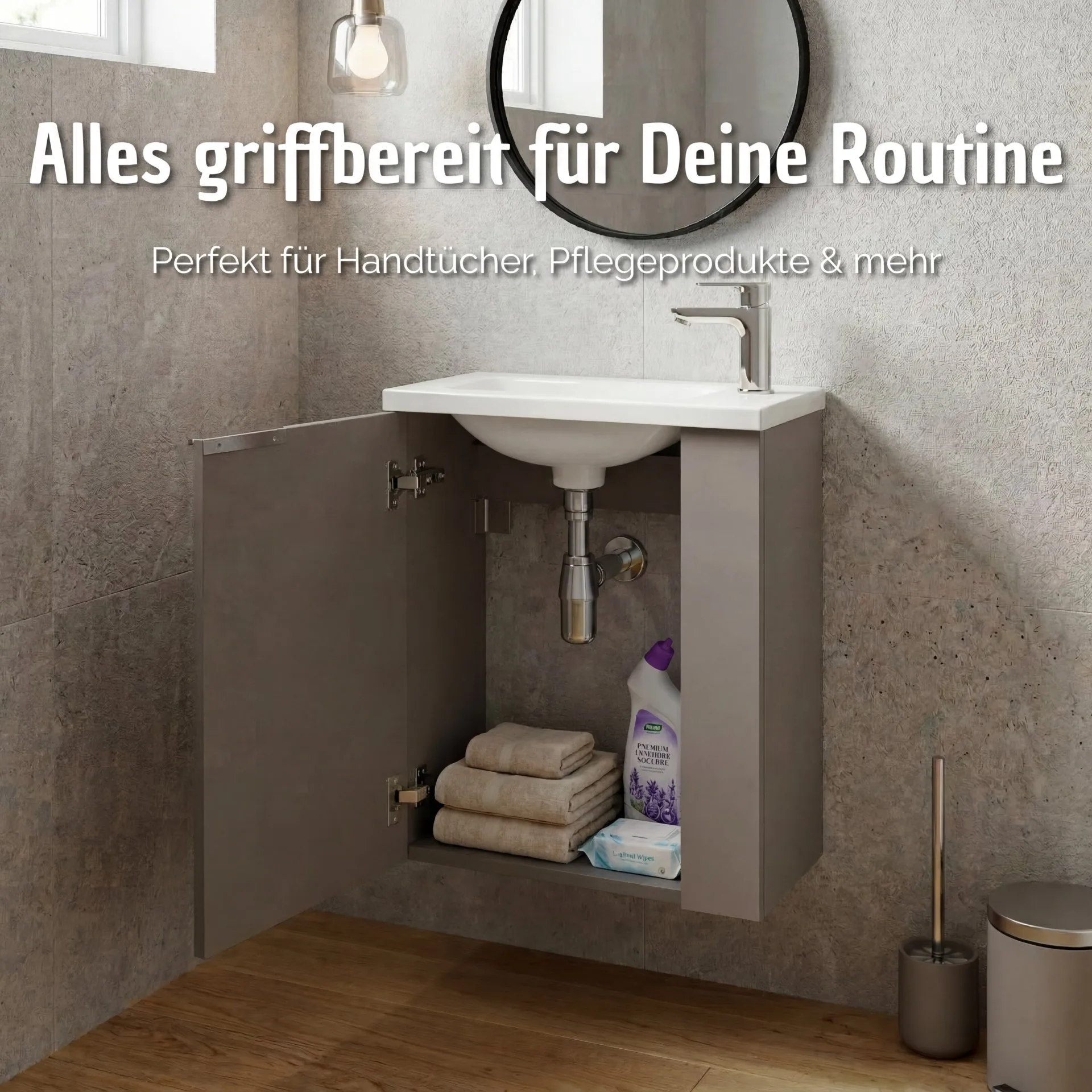 BADEDU UMEA Gäste WC Waschtisch Set 50 cm breit, Grau, Waschbecken Gussmarmor Weiß