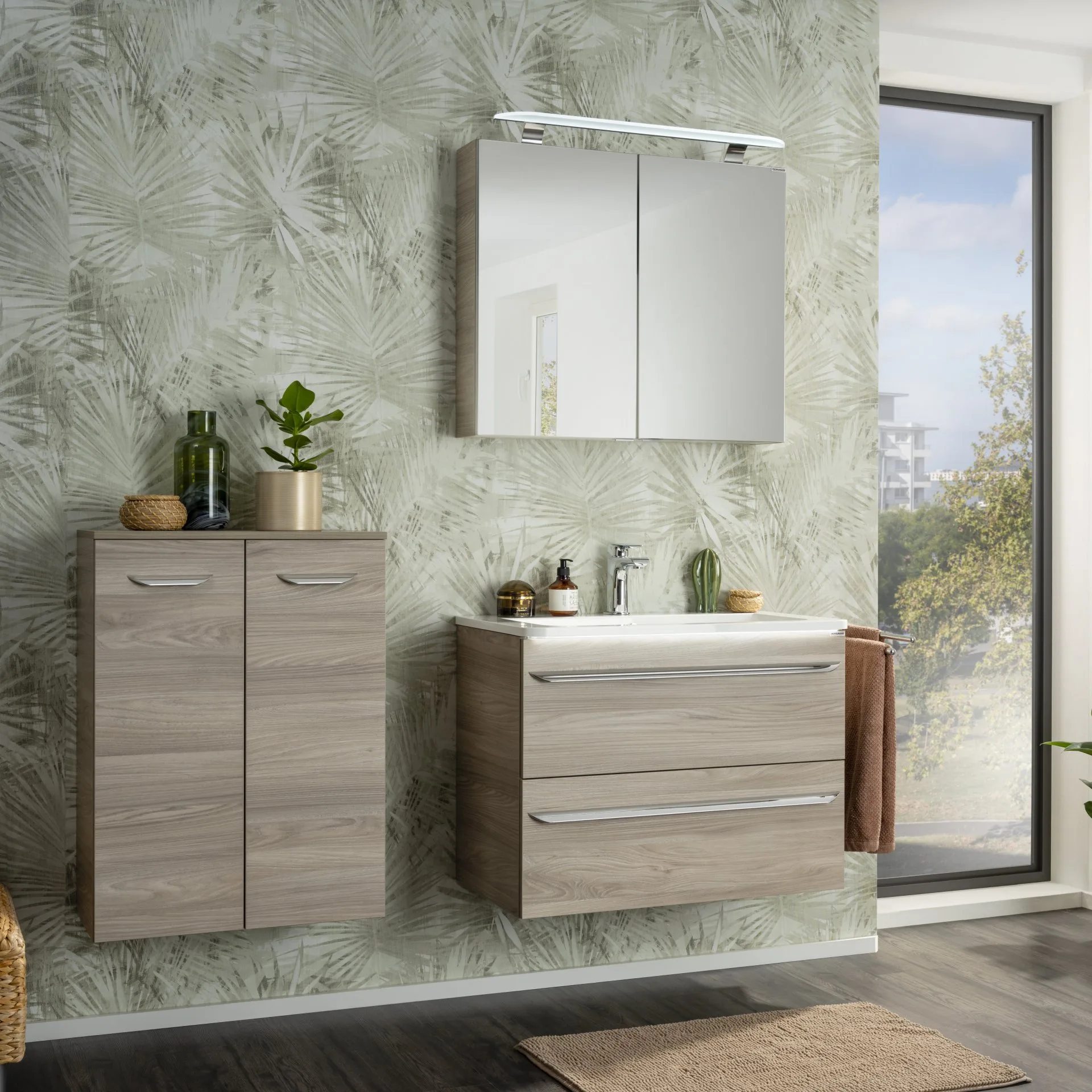 FACKELMANN LUXOR Doppel Midischrank 60 cm breit, Braun hell + Wäschekorb