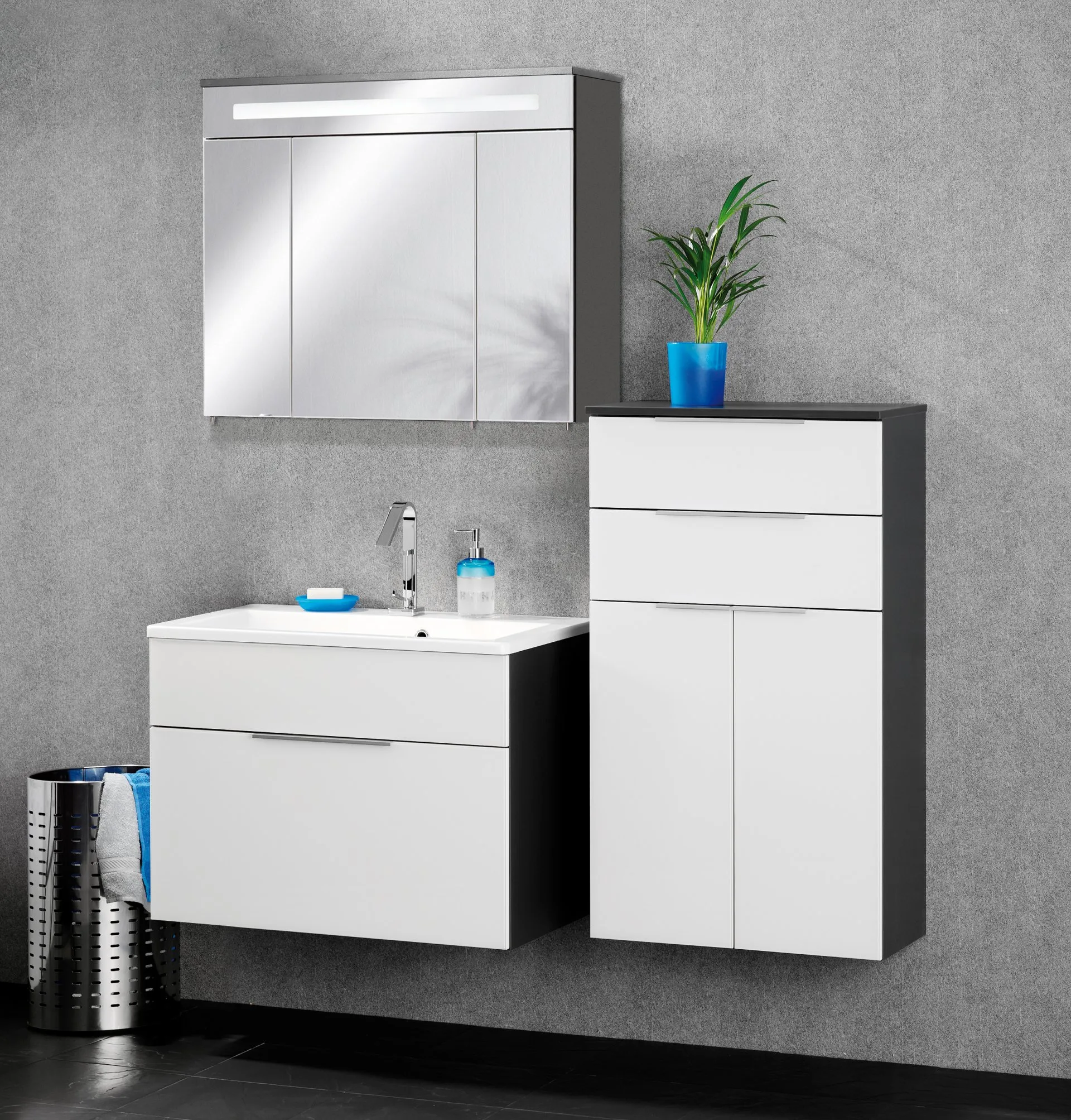 FACKELMANN KARA Waschtisch Set mit Spiegelschrank 80 cm breit, Weiß/Anthrazit, Waschbecken Gussmarmor Weiß, 1 Schublade