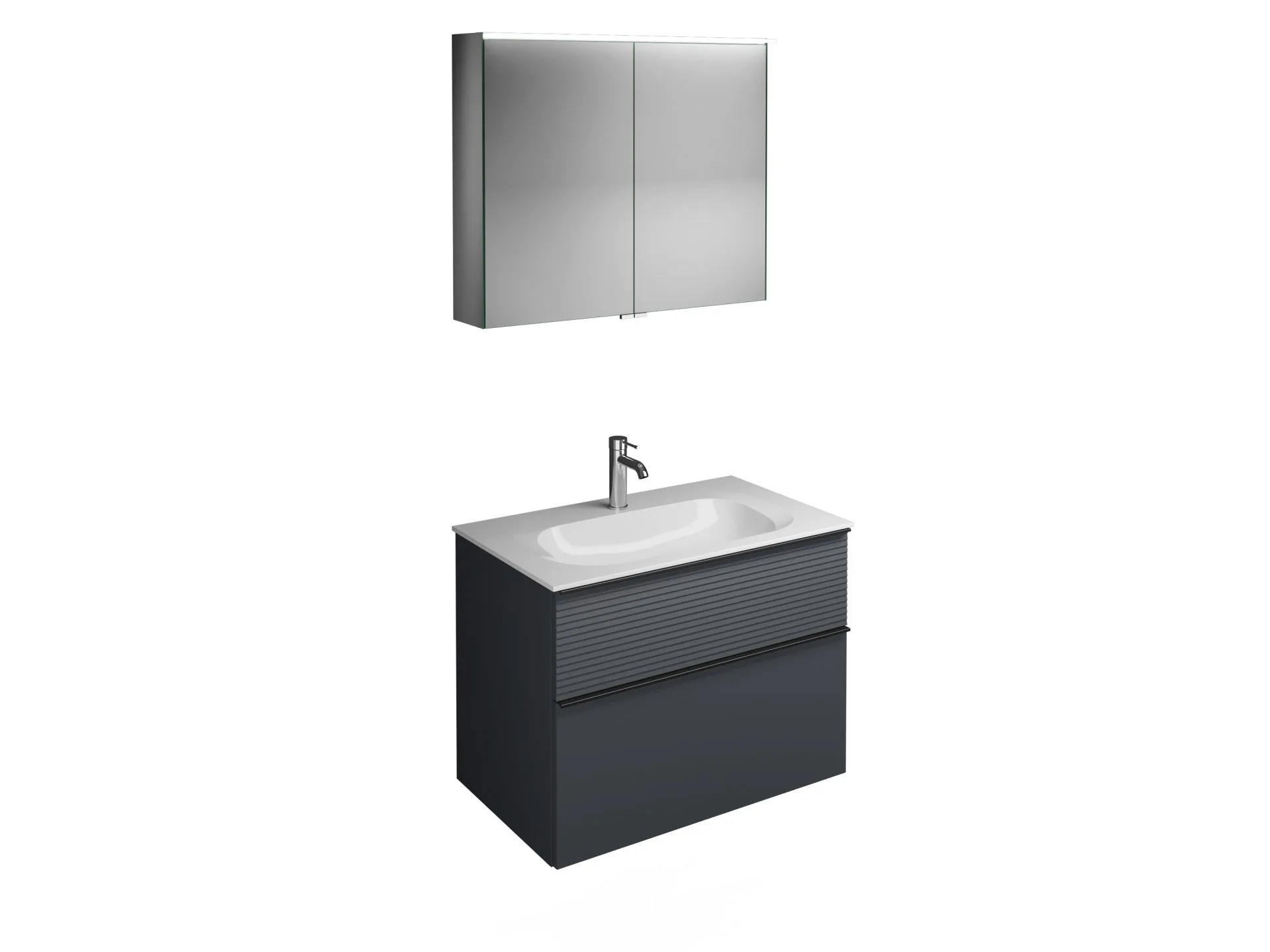 Burgbad FIUMO Waschtisch Set mit Spiegelschrank 82 cm breit, Anthrazit, Waschbecken Gussmarmor Weiß