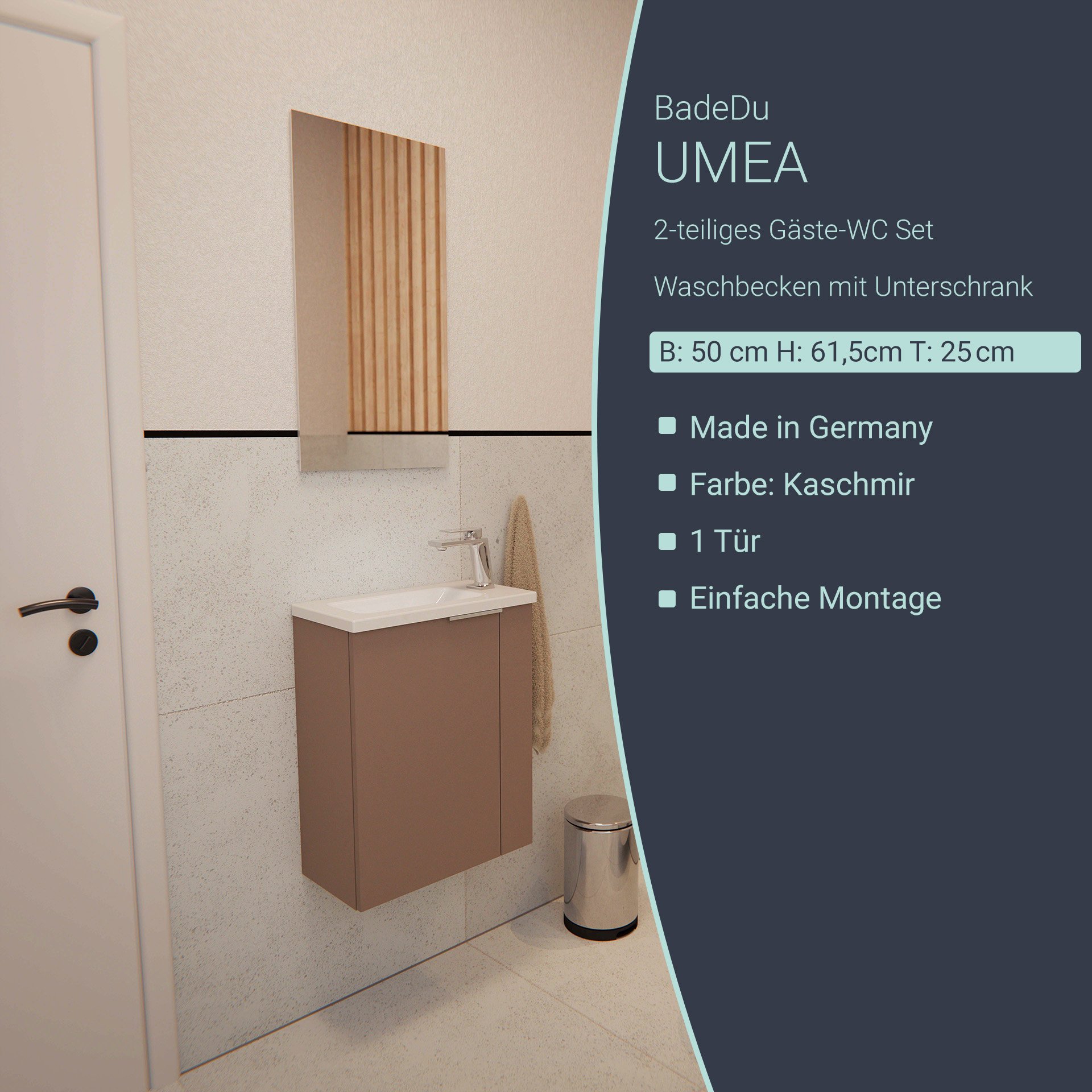 BADEDU UMEA Gäste WC Waschtisch Set 50 cm breit, Grau, Waschbecken Gussmarmor Weiß