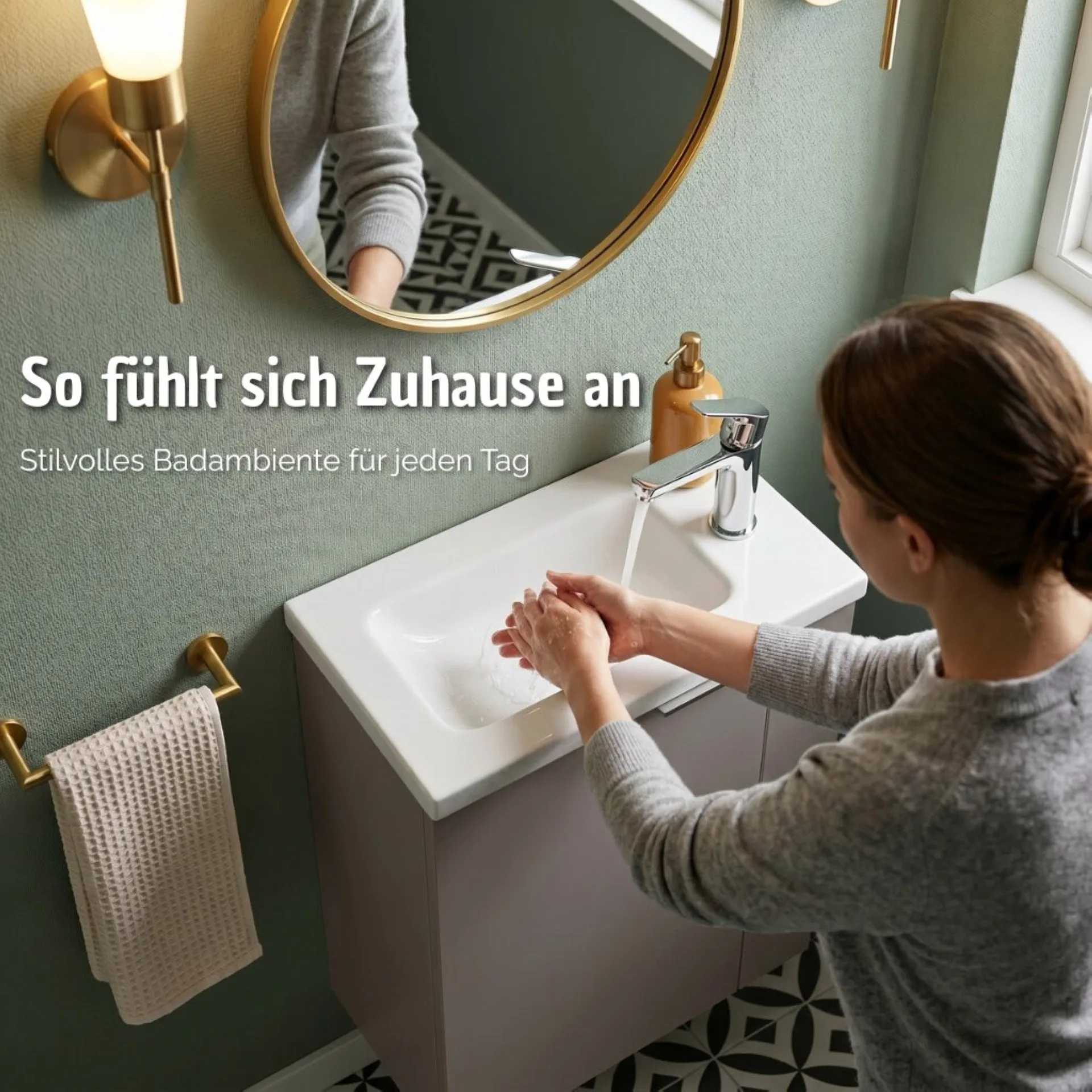 BADEDU UMEA Gäste WC Waschtisch Set 50 cm breit, Grau, Waschbecken Gussmarmor Weiß