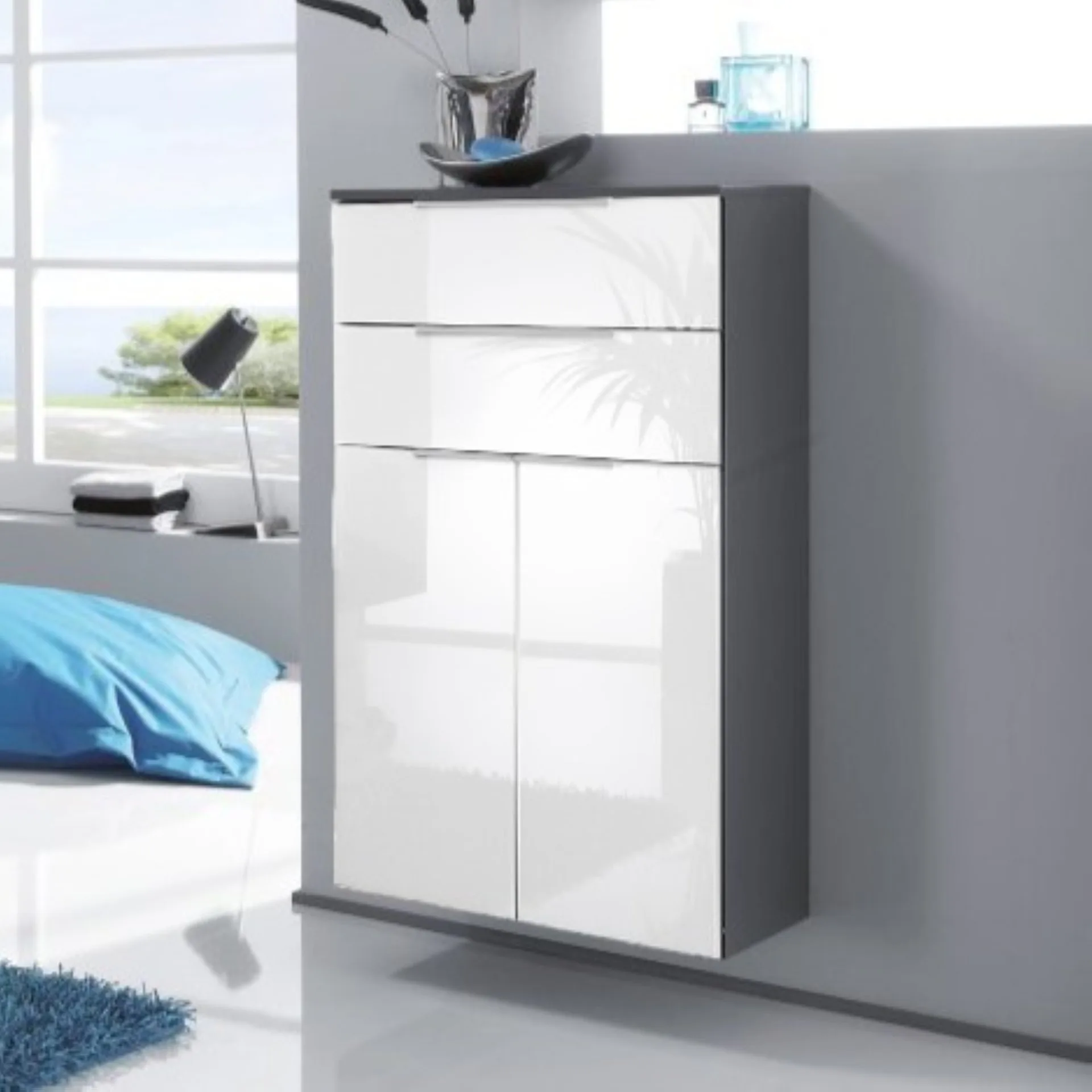 FACKELMANN KARA Doppel Midischrank 61 cm breit, Weiß/Anthrazit, mit 2 Schubladen