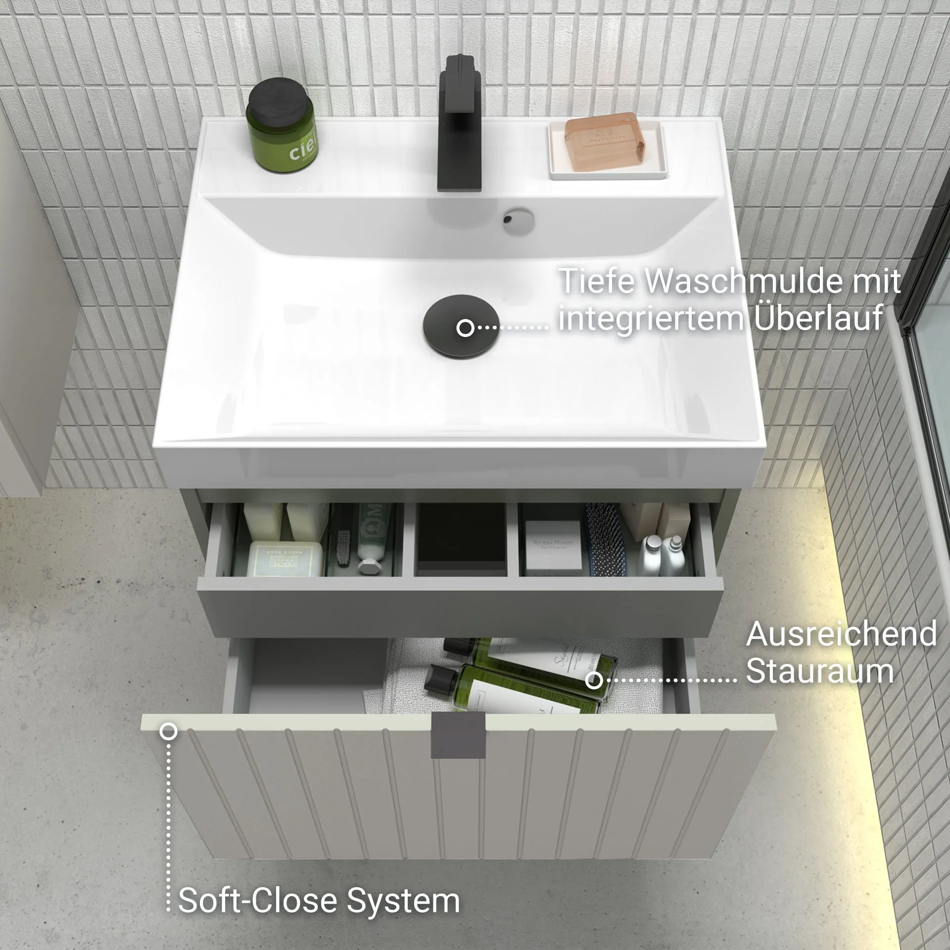 BADEDU ESLA Waschbecken mit Unterschrank 59 cm breit, Grau, Waschbecken Gussmarmor Weiß