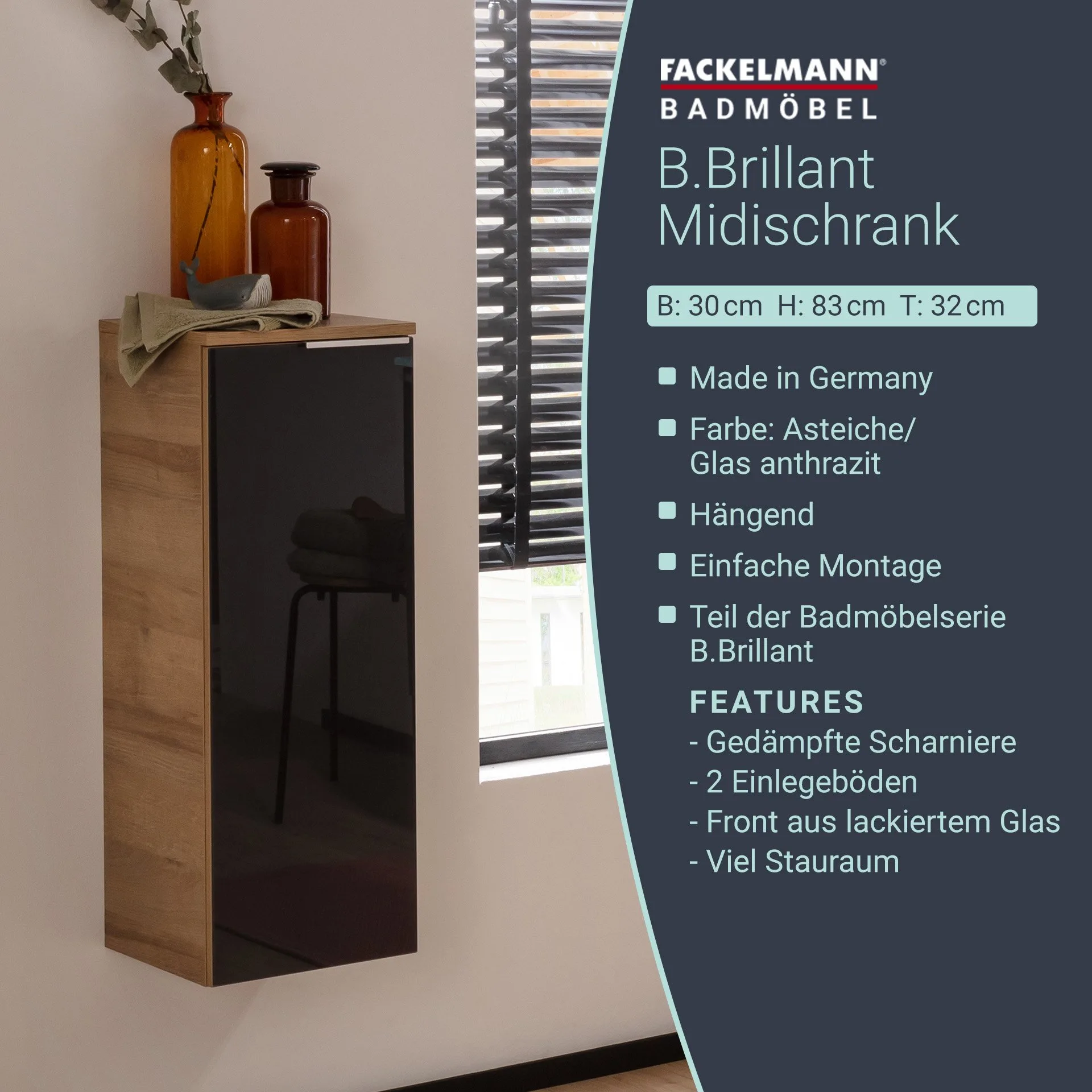 Fackelmann B.BRILLANT Midischrank, 30 cm breit, Anthrazit Glas/Braun hell