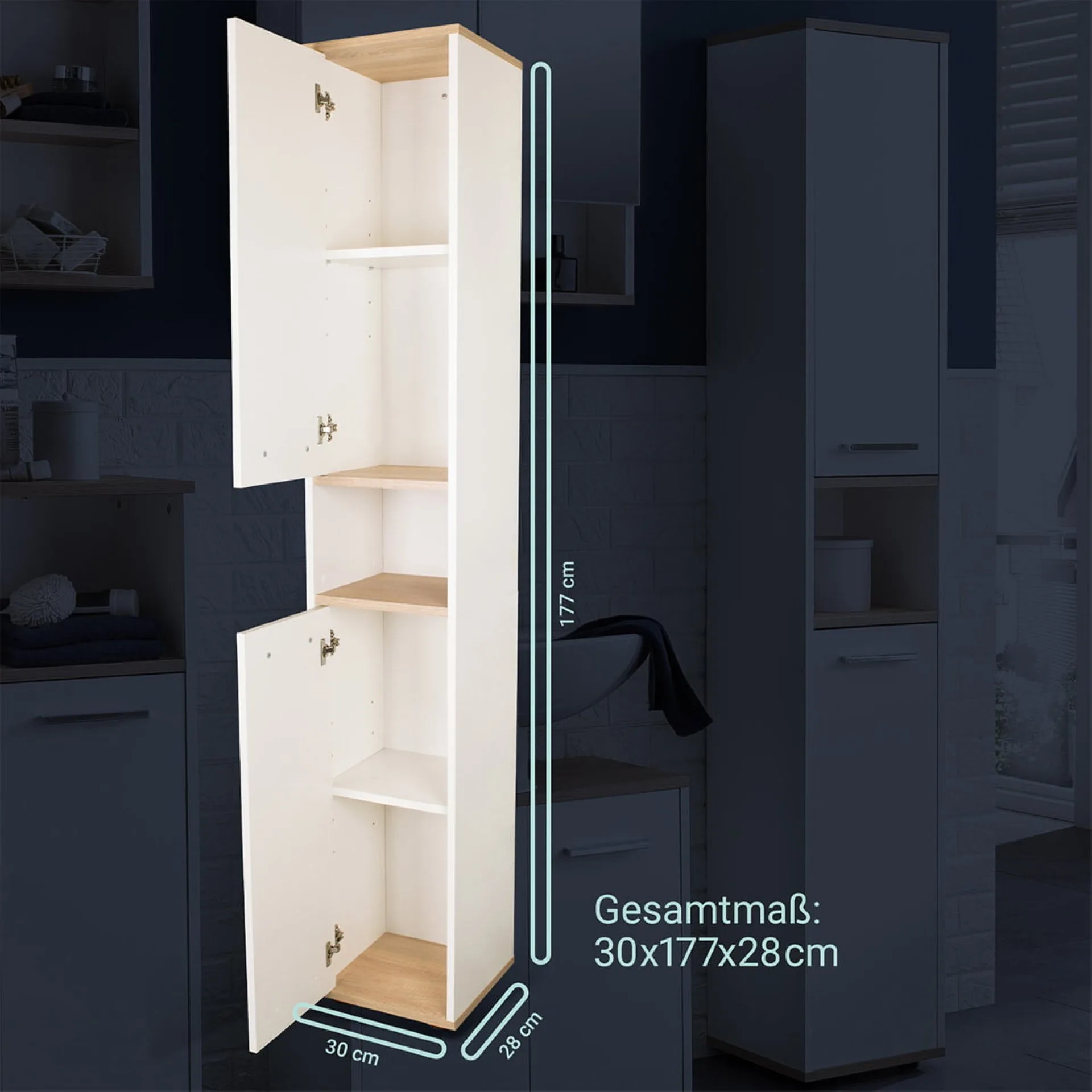 BADEDU ARC Hochschrank 30 cm breit, Weiß/Braun hell