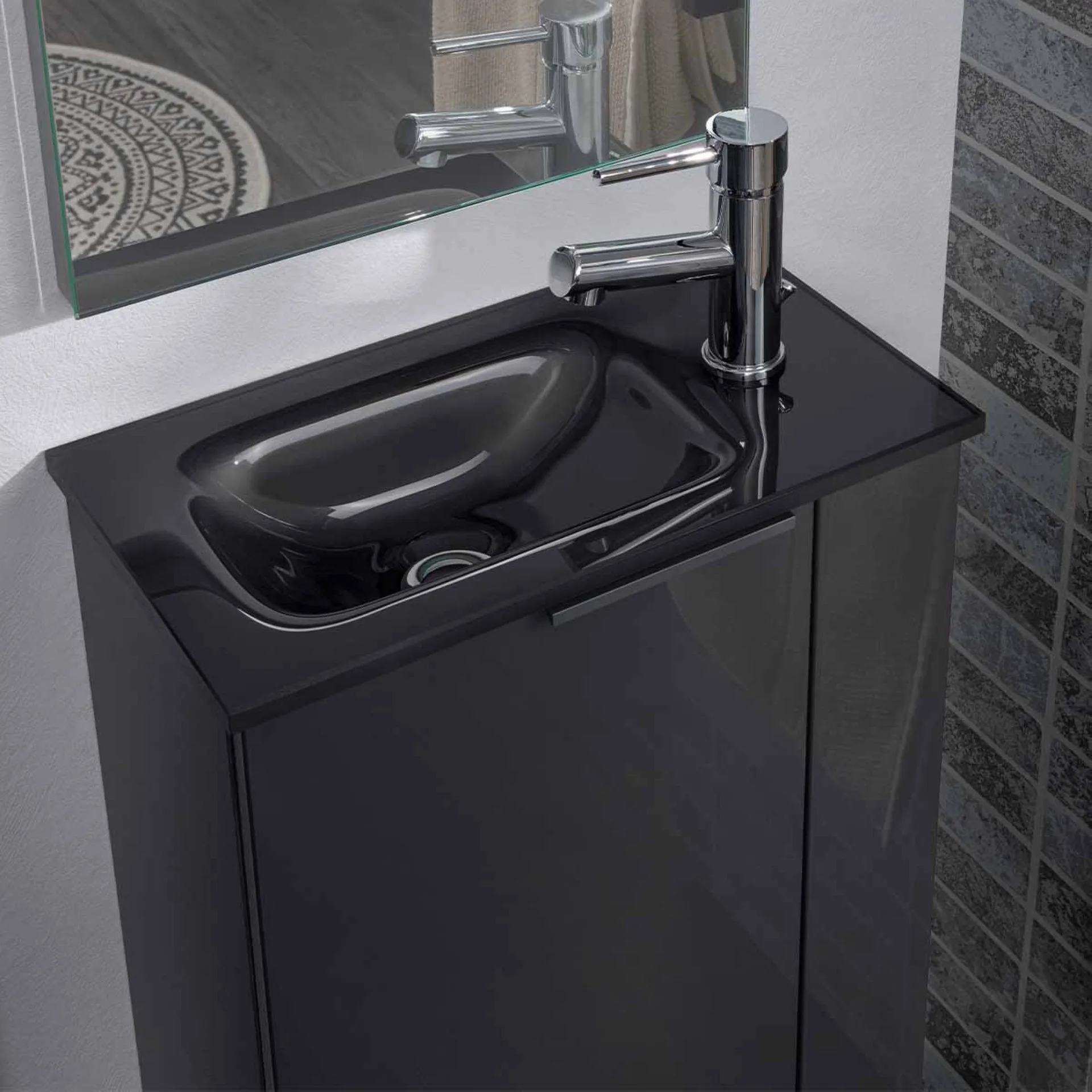 FACKELMANN SBC LUNA Gäste WC Waschtisch Set mit Spiegel 45 cm breit, Anthrazit, Waschbecken Glas Anthrazit, Türanschlag rechts