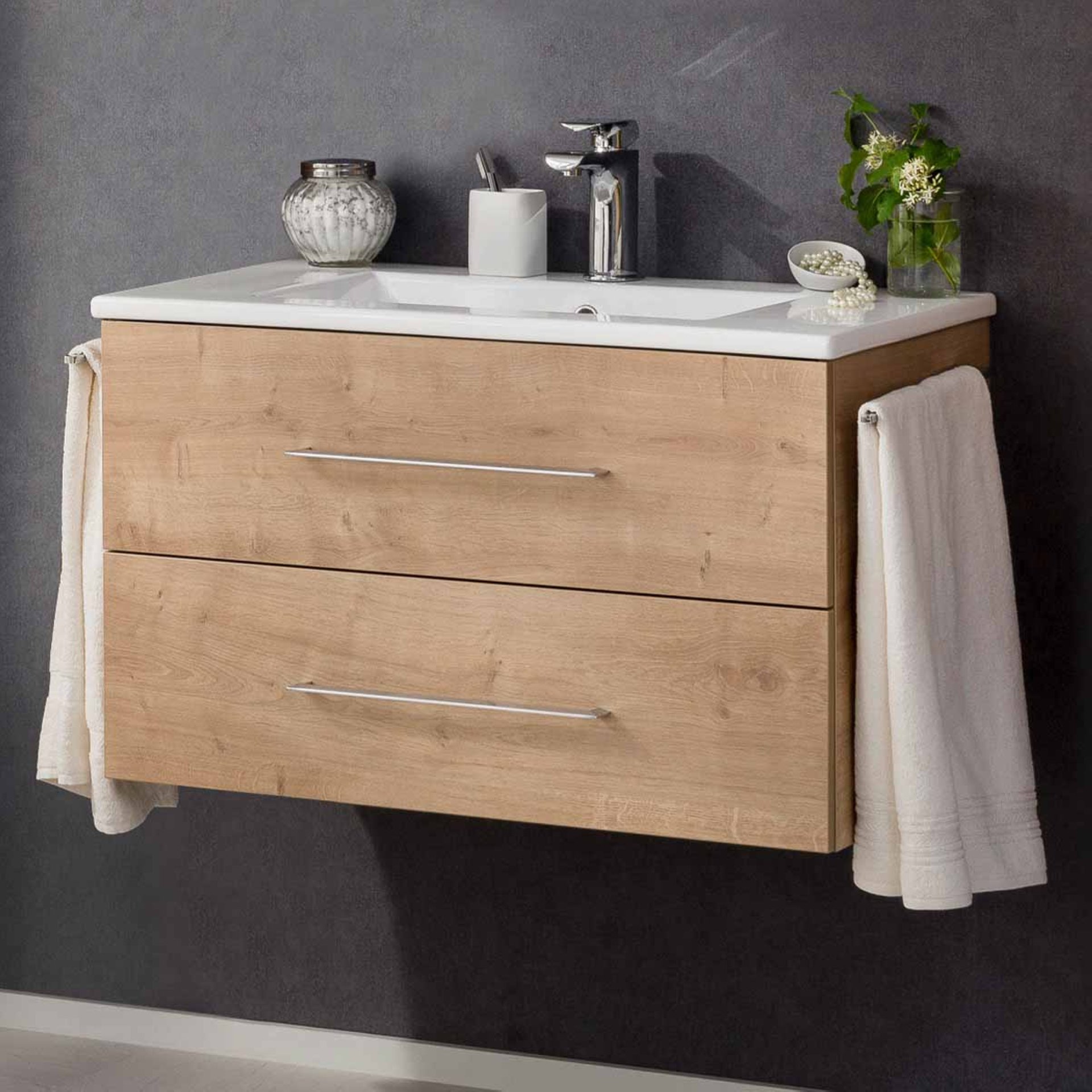 FACKELMANN B.PERFEKT Waschbecken mit Unterschrank 82 cm breit, Braun hell, Waschbecken Keramik Weiß