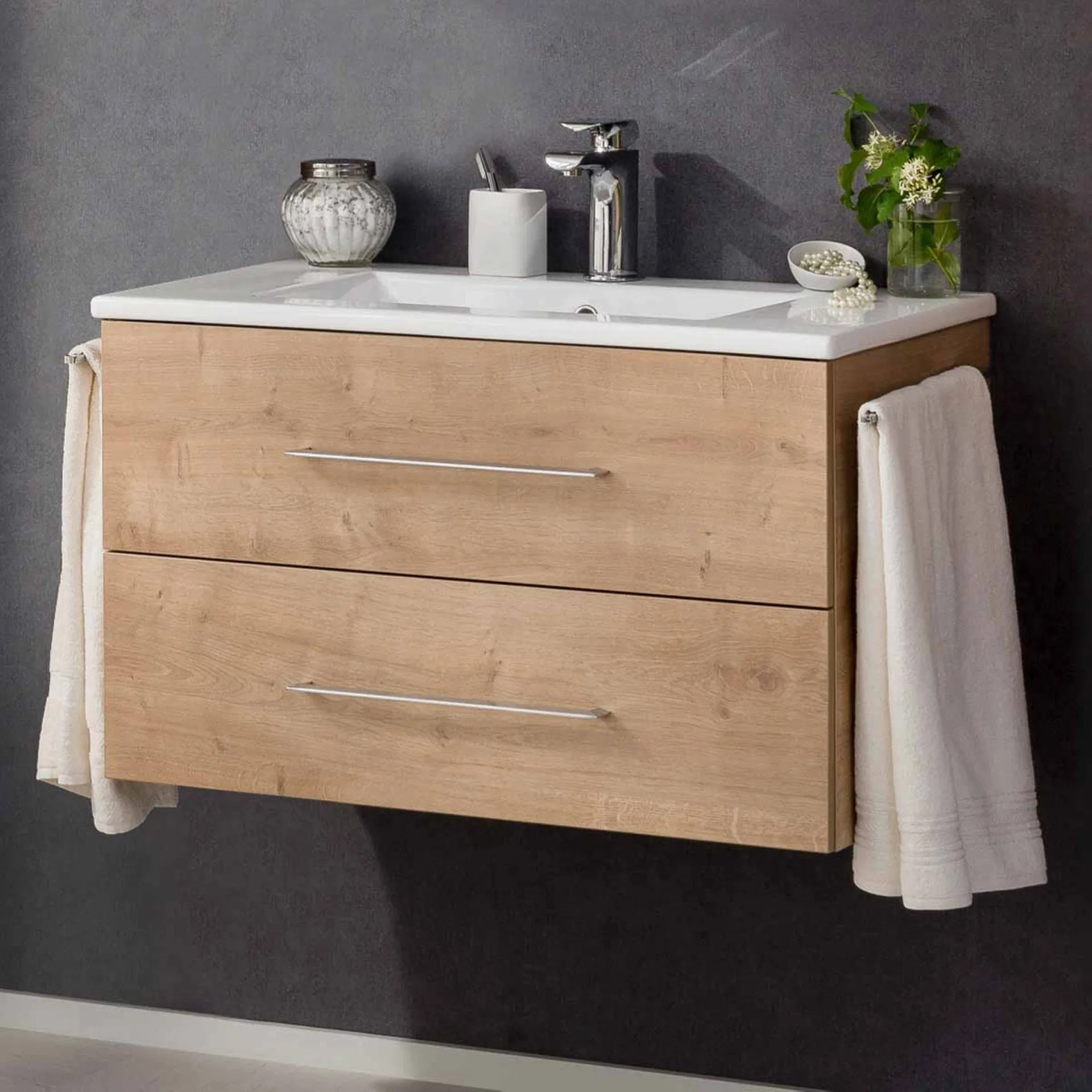 FACKELMANN B.PERFEKT Waschbecken mit Unterschrank 82 cm breit, Braun hell, Waschbecken Keramik Weiß