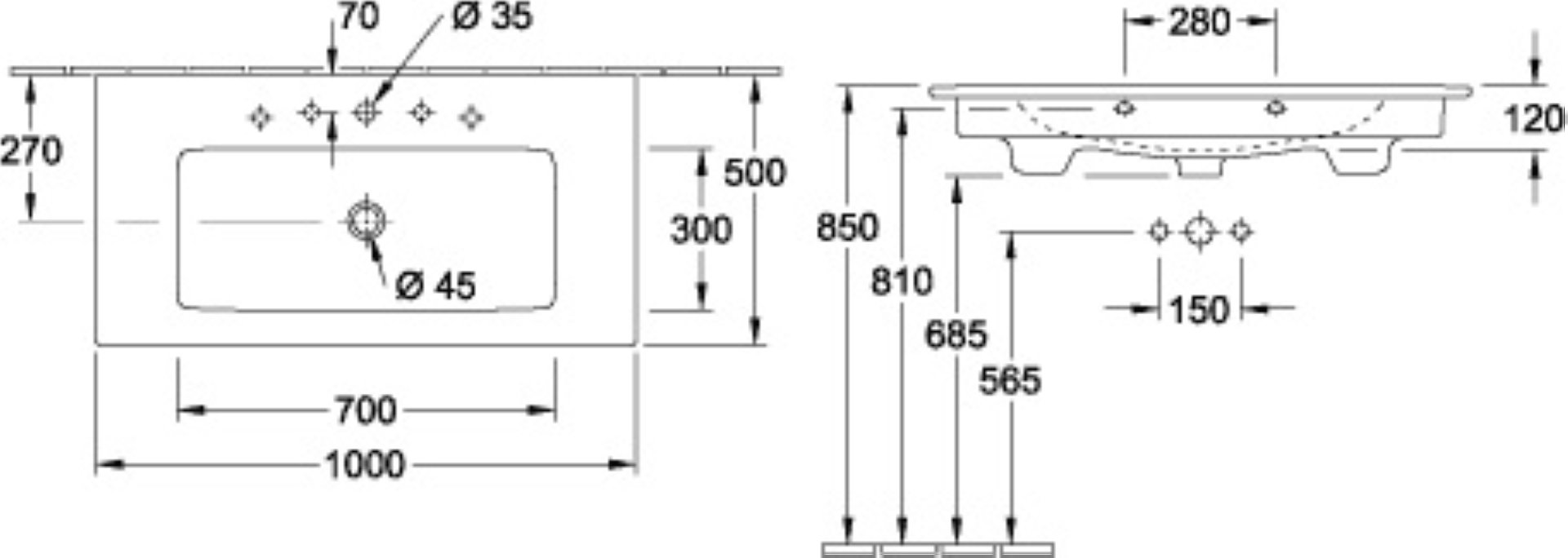 VILLEROY & BOCH VENTICELLO Waschbecken Keramik 100 cm breit, Weiß, mit Überlauf, CeramicPlus