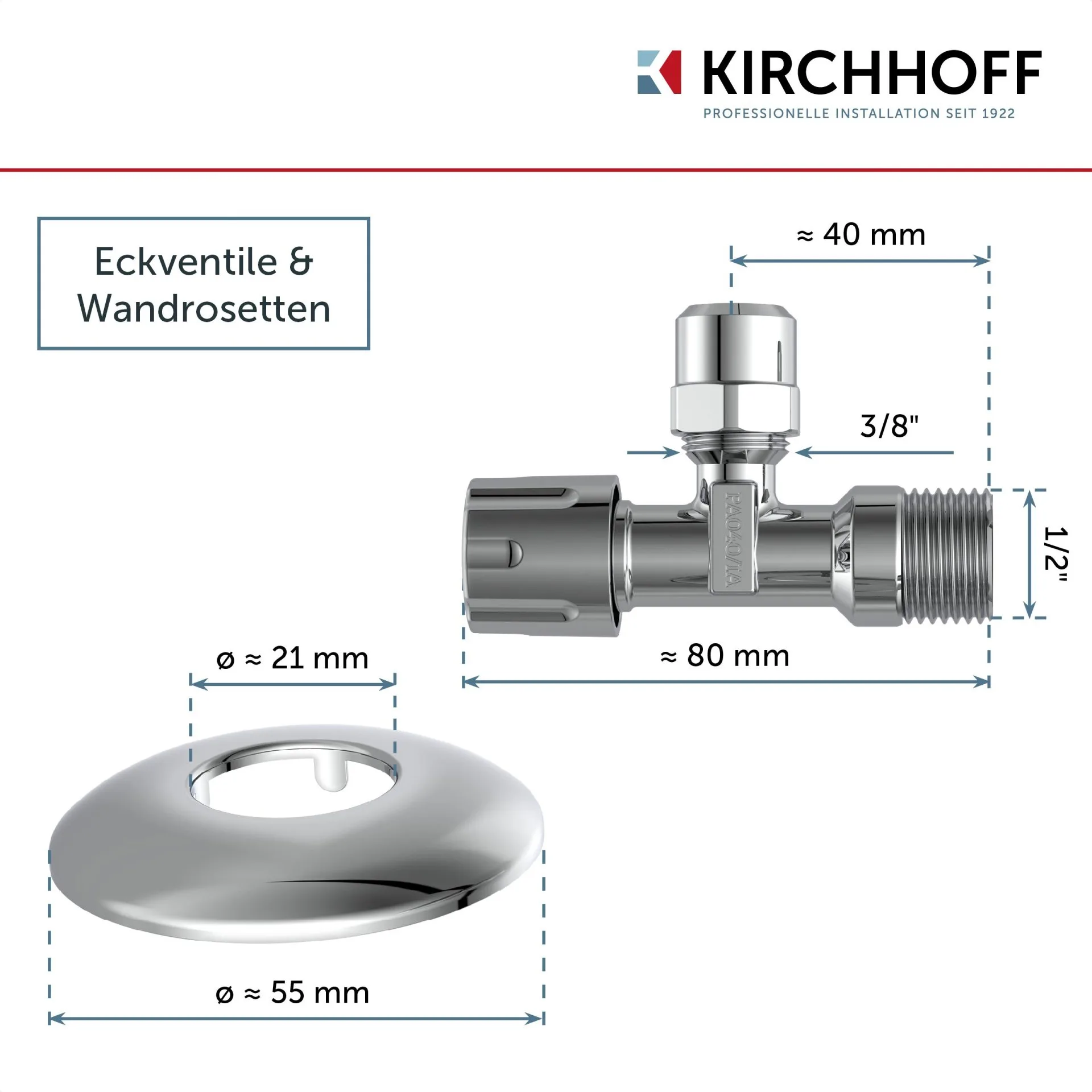 KIRCHHOFF Siphon, Chrom, 1 1/4 " x 32 mm, inkl. Befestigung und zwei Eckventilen