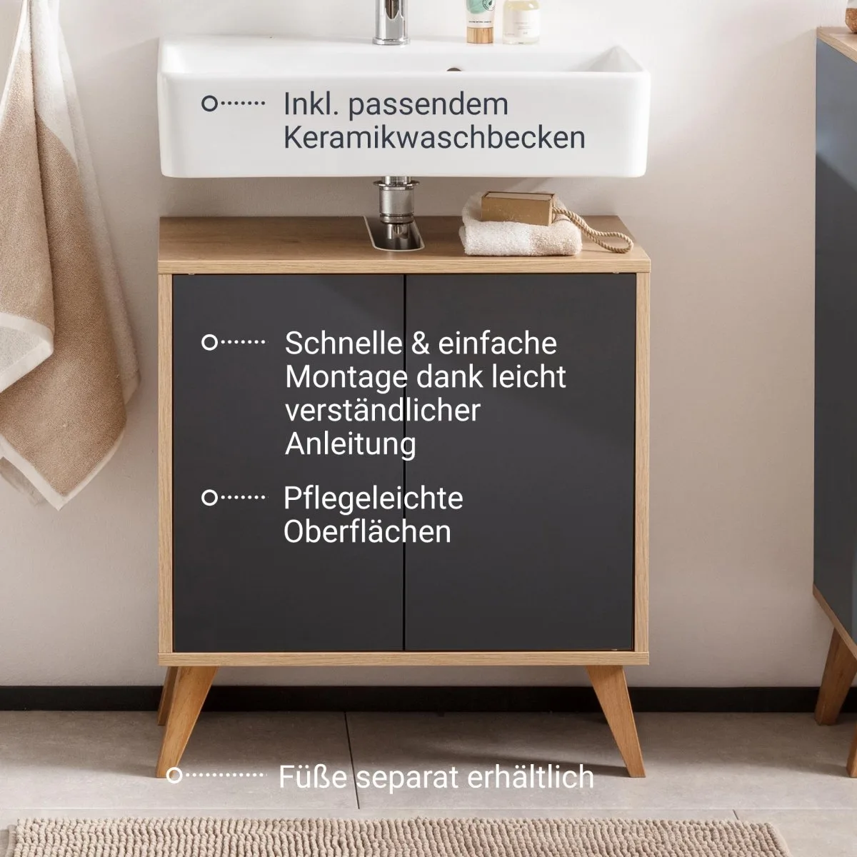 FACKELMANN FINN Waschbecken mit Unterschrank 60 cm breit, Anthrazit/Braun hell, Waschbecken Keramik Weiß
