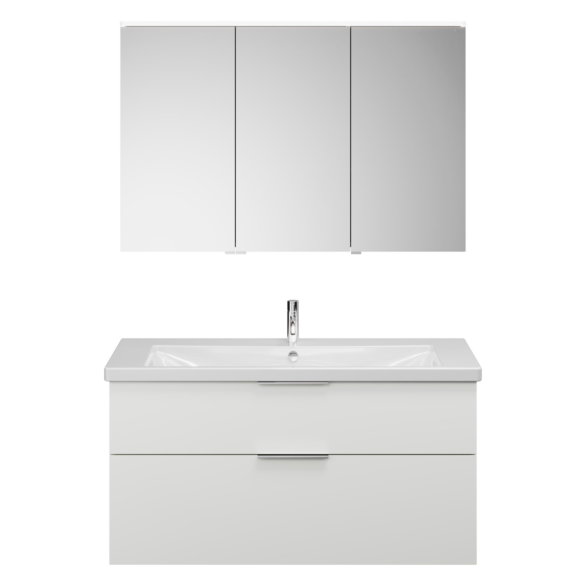 Burgbad EQIO Waschtisch Set mit Spiegelschrank 123 cm breit, Weiß Hochglanz, Waschbecken Keramik Weiß, 3-türig