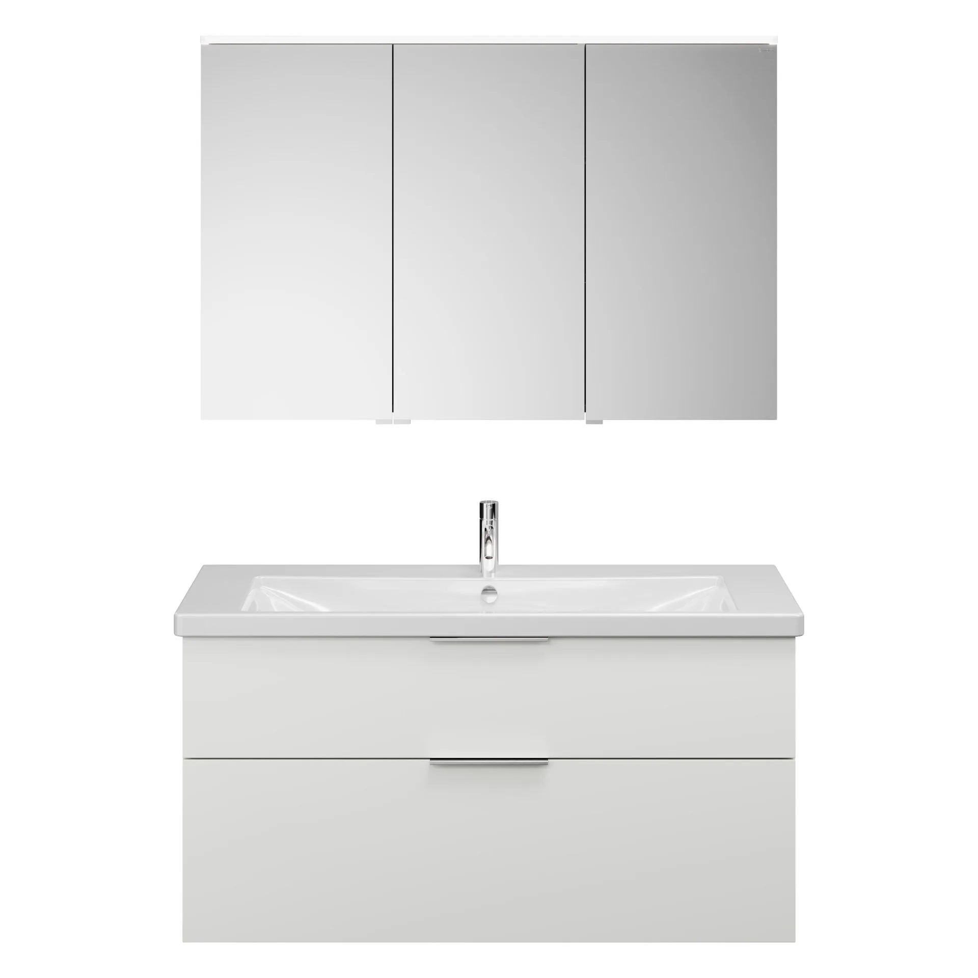 Burgbad EQIO Waschtisch Set mit Spiegelschrank 123 cm breit, Weiß Hochglanz, Waschbecken Keramik Weiß, 3-türig