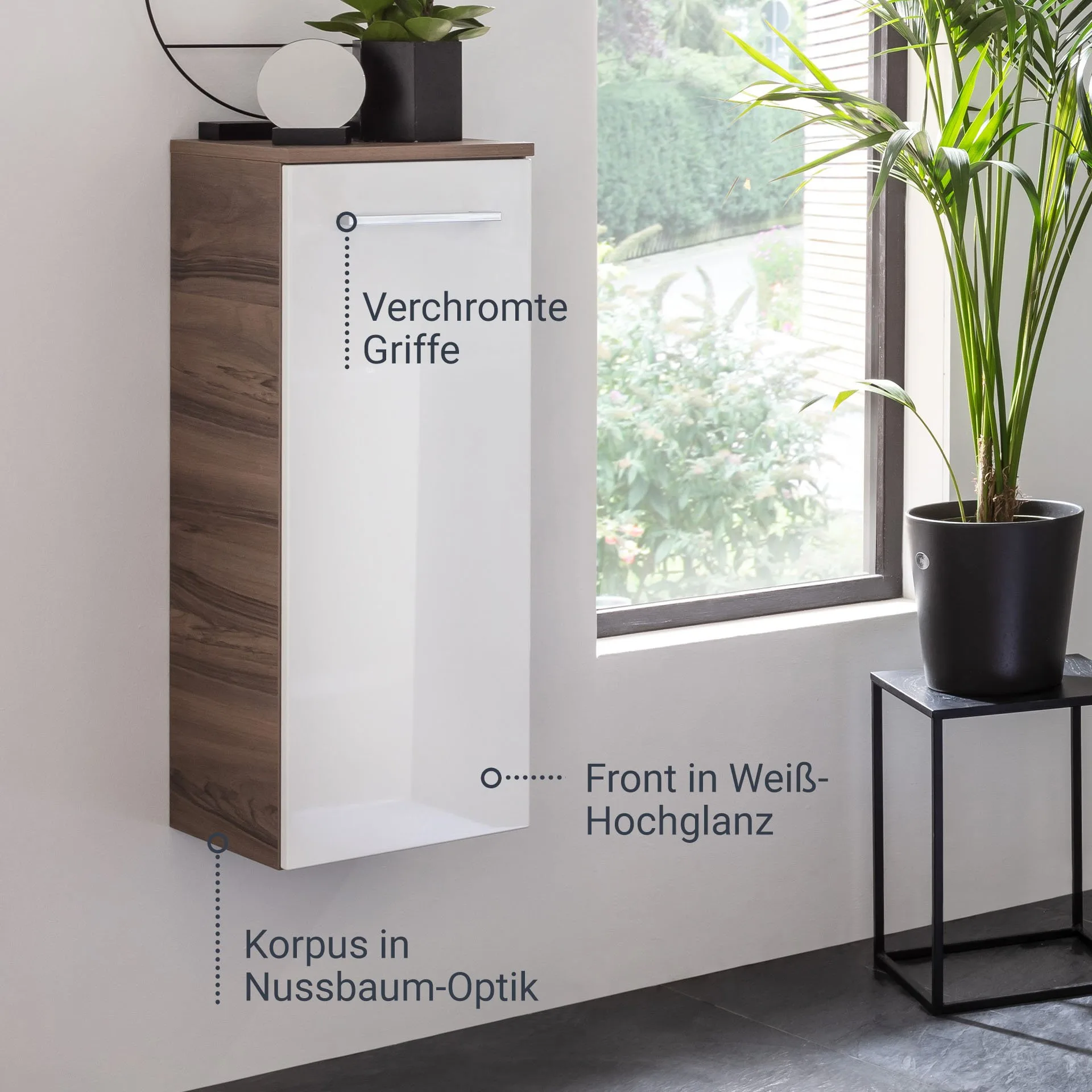 FACKELMANN VERONA Midischrank 30 cm breit, Weiß Hochglanz/Braun Dunkel, Türanschlag rechts