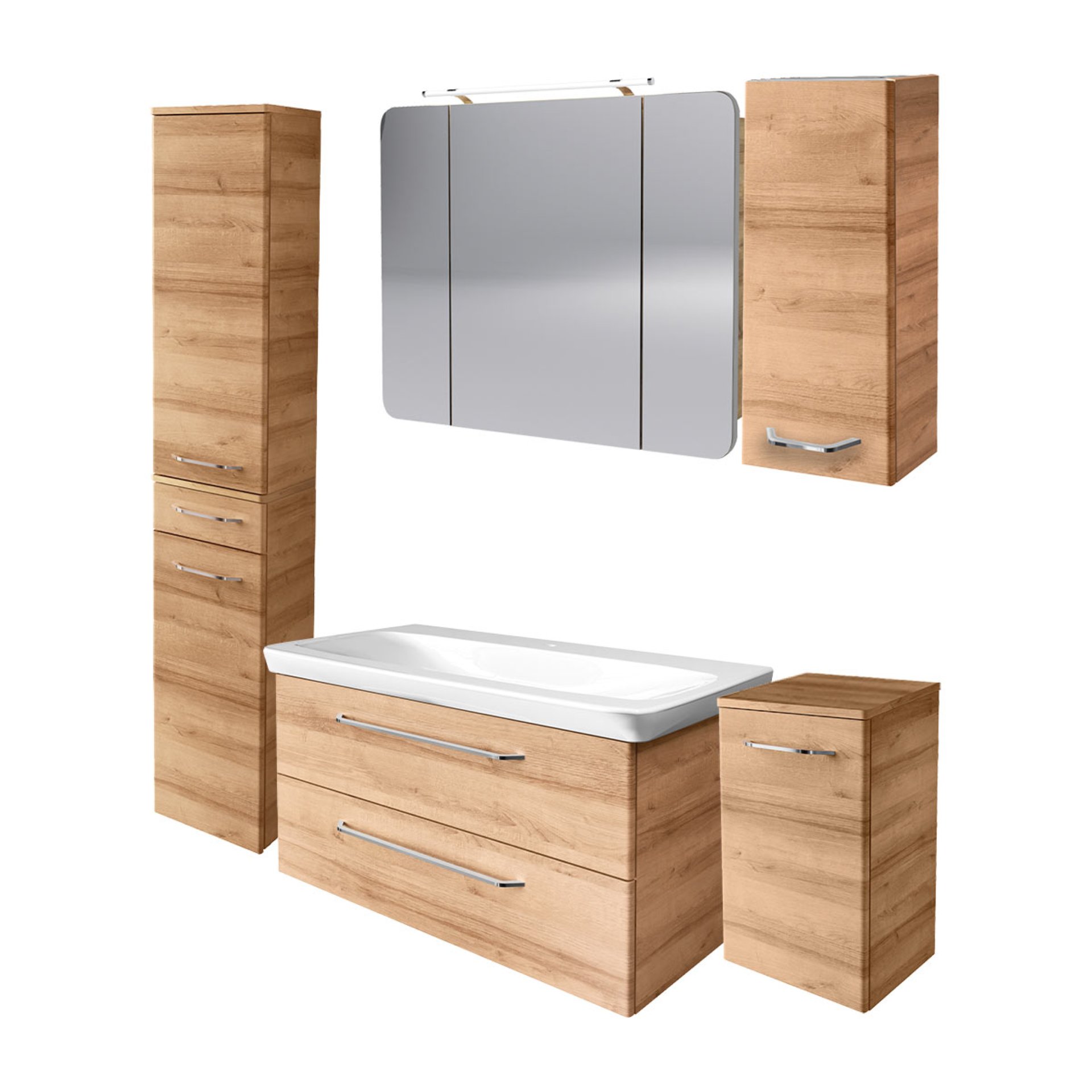 Fackelmann MILANO Badmöbel Set 6-teilig, 107 cm breit, Braun hell, Waschbecken Keramik, Spiegelschrank + 3 Badschränke