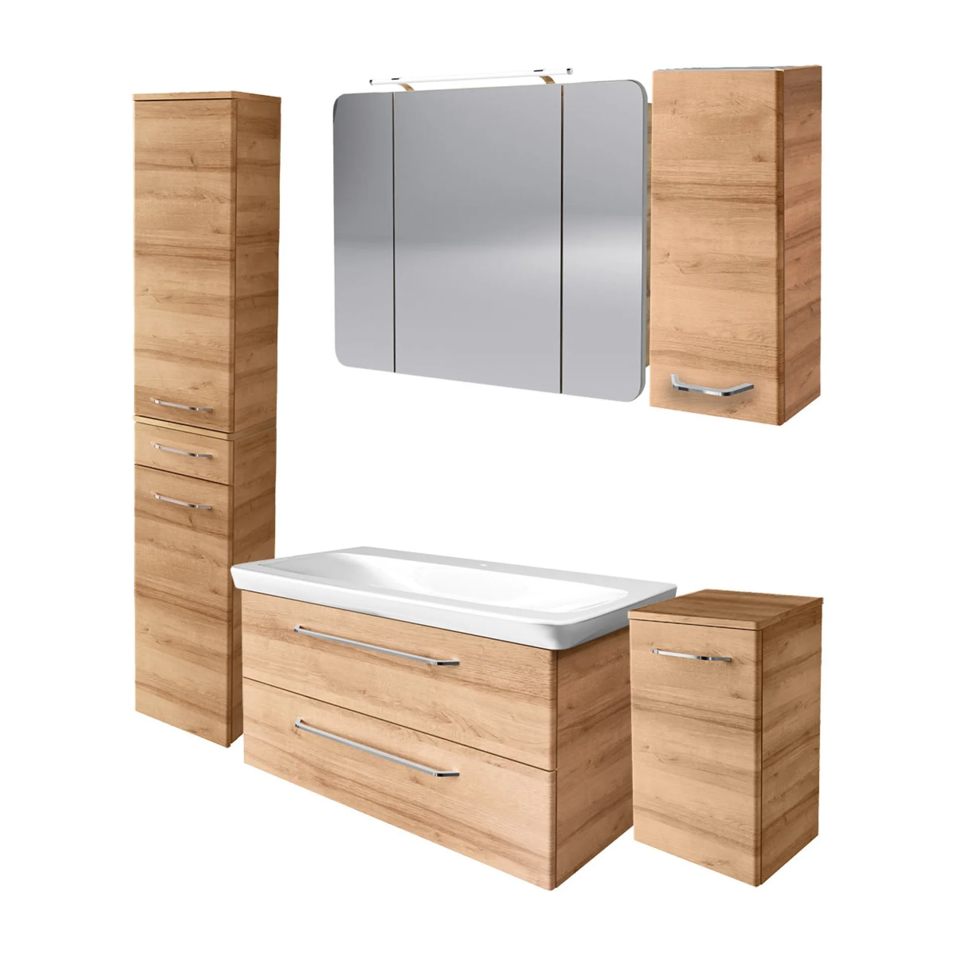 FACKELMANN MILANO Badmöbel Set 6-teilig 107 cm breit, Braun hell, Waschbecken Keramik Weiß + LED Spiegelschrank + Hochschrank + Hängeschrank + Unterschrank