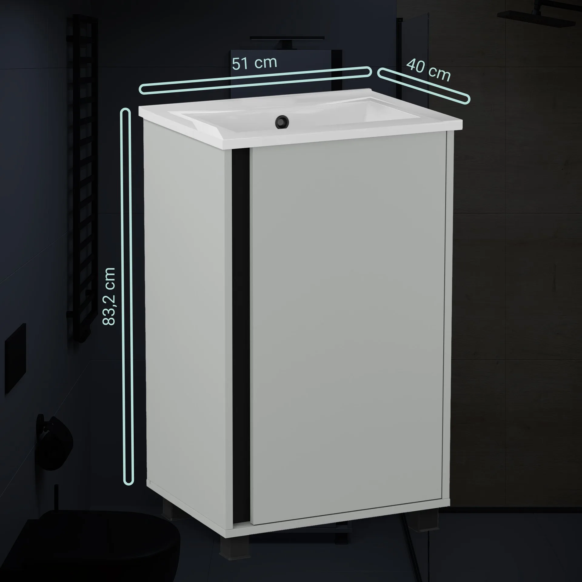 BADEDU LULE Gäste WC Waschtisch Set  51 cm breit, Grau, Waschbecken Keramik Weiß, mit Füßen