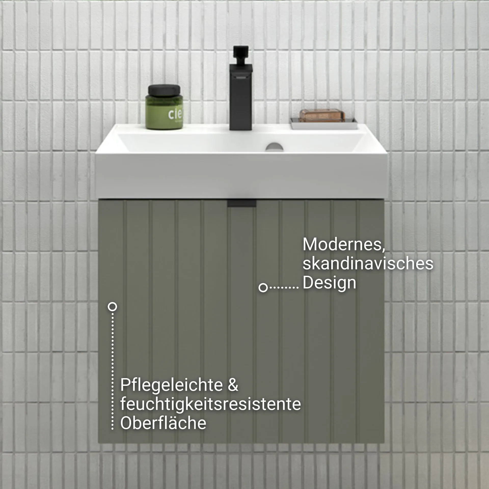 BADEDU ESLA Waschbecken mit Unterschrank 50 cm breit, Grün, Waschbecken Gussmarmor Weiß