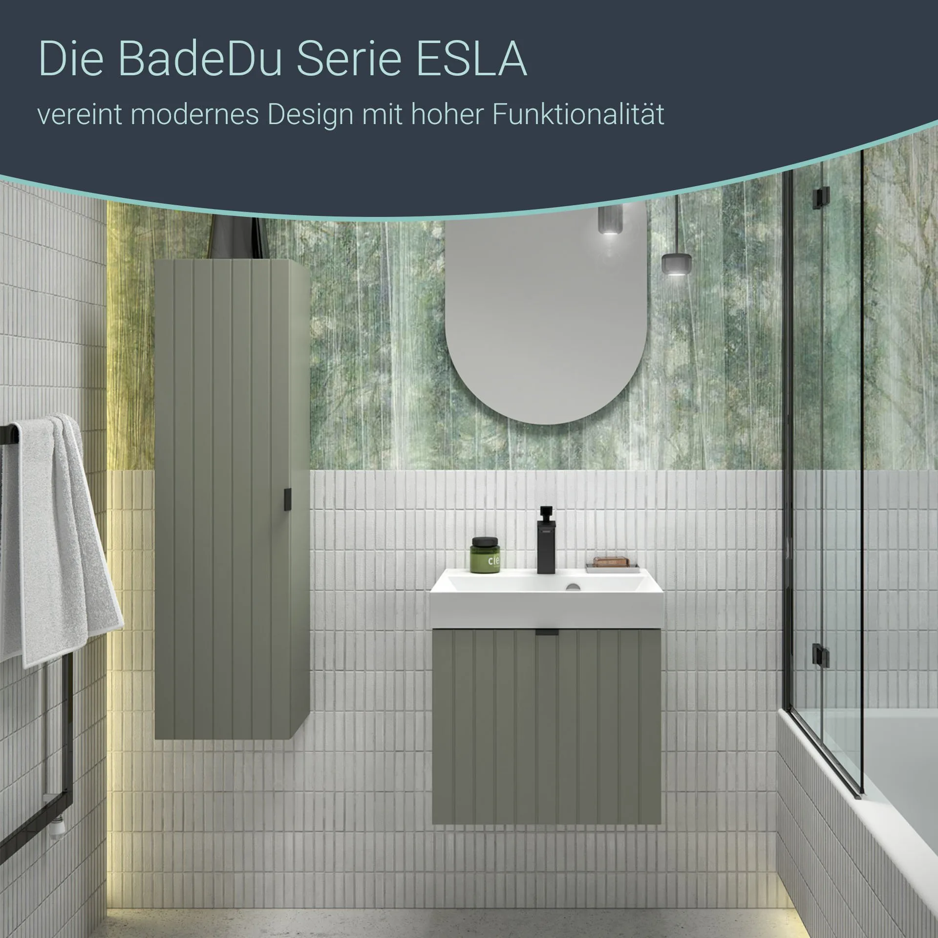 BADEDU ESLA Waschbecken mit Unterschrank 50 cm breit, Grün, Waschbecken Gussmarmor Weiß