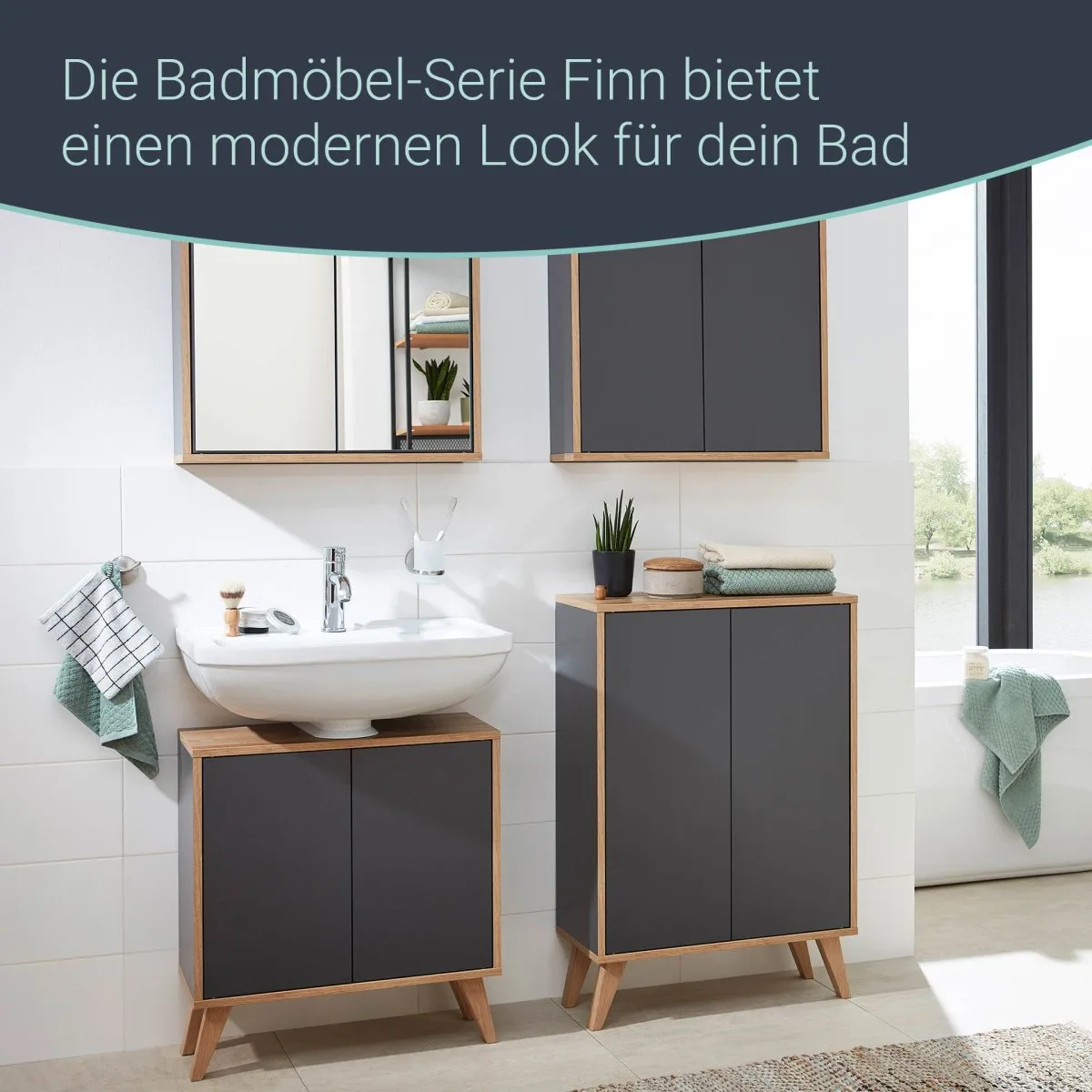 FACKELMANN FINN Spiegelschrank 60 cm breit, Anthrazit/Braun hell