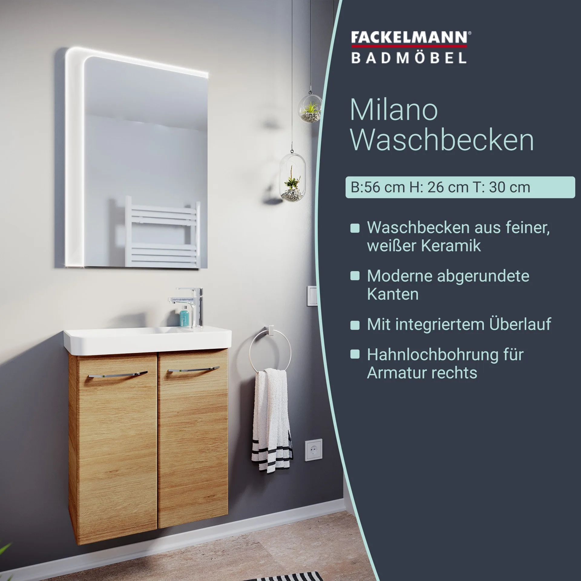 FACKELMANN MILANO Waschbecken 55 cm breit, Keramik, Weiß, Hahnloch rechts