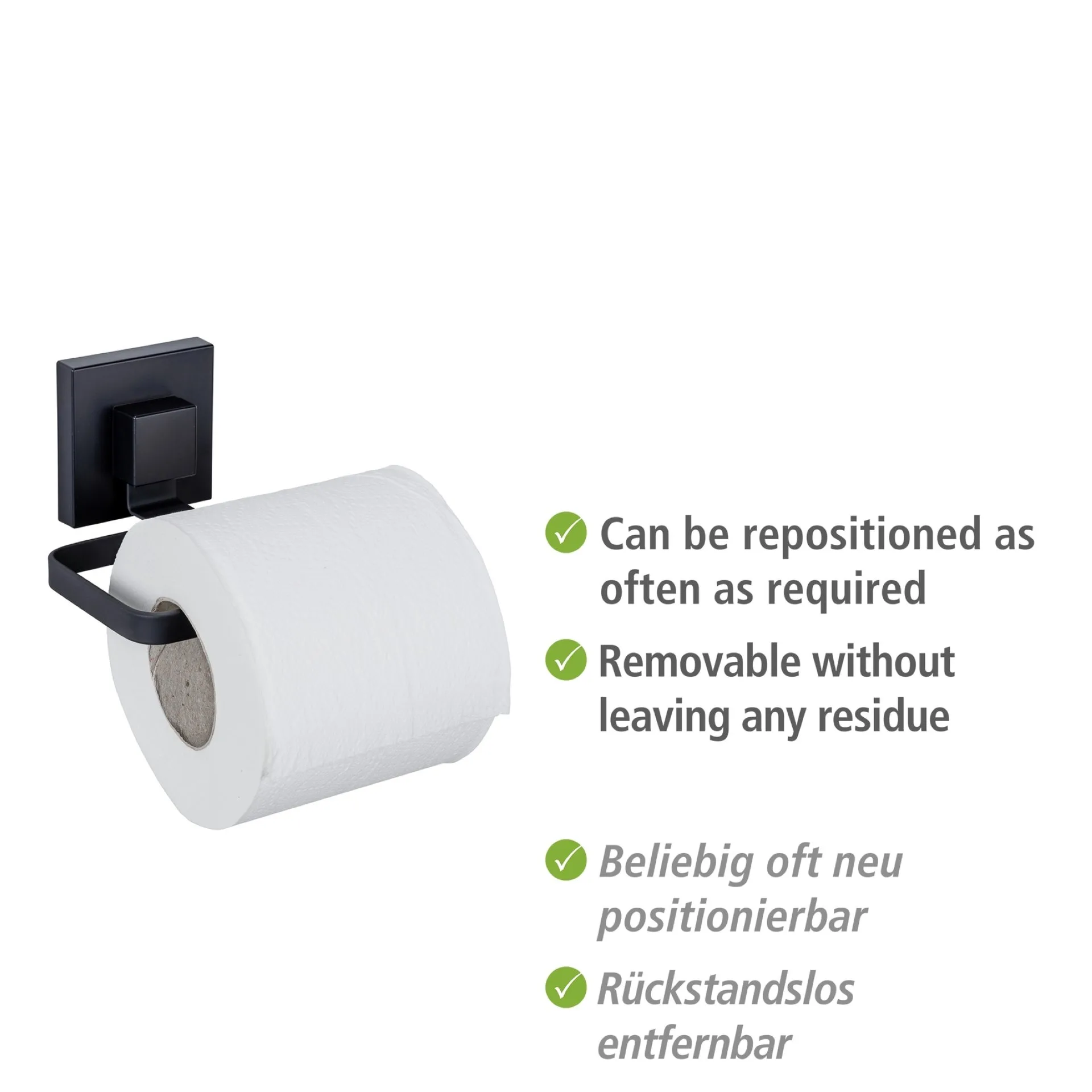 WENKO QUADRO Toilettenpapierhalter, Schwarz, Befestigen ohne Bohren