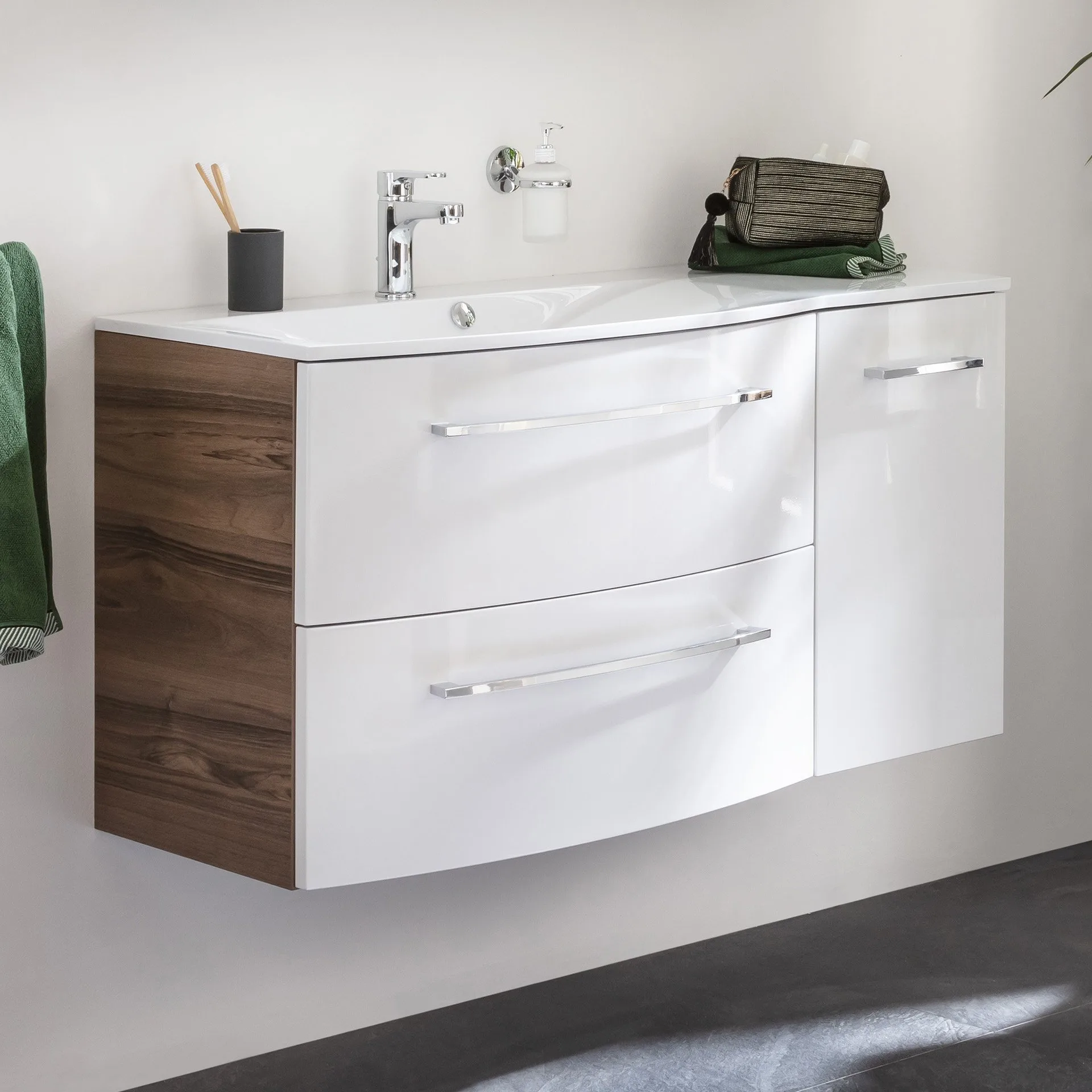 FACKELMANN VERONA Waschbecken mit Unterschrank 115 cm breit, Weiß/Braun Dunkel, Waschbecken Gussmarmor Weiß + Unterschrank Türanschlag links