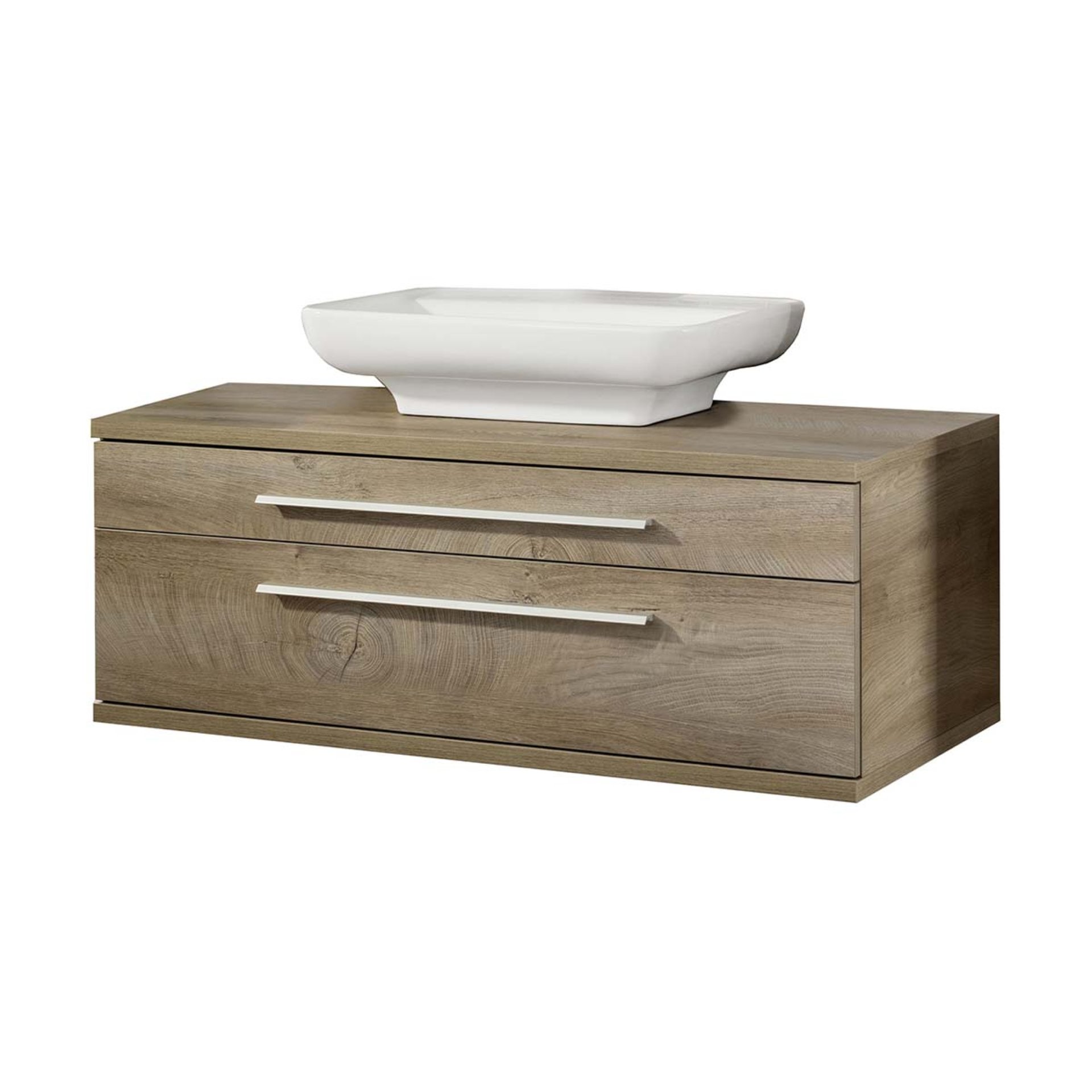 FACKELMANN STANFORD Waschbecken mit Unterschrank 110 cm breit, Braun hell, Aufsatzwaschbecken Keramik Weiß