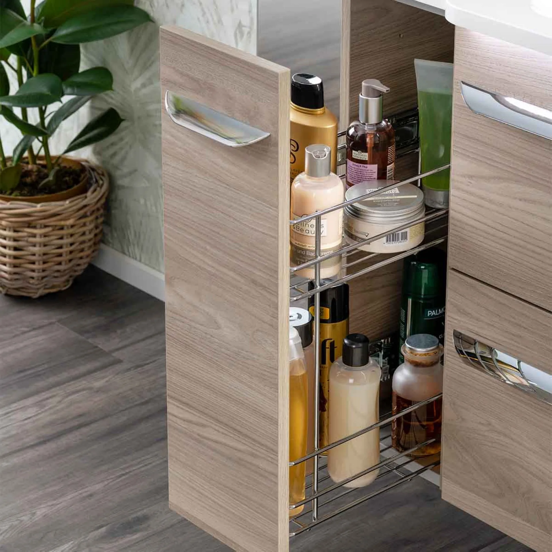 FACKELMANN LUXOR Badmöbel Set 7-teilig 120 cm breit, Braun hell, Waschbecken Gussmarmor Weiß + LED Spiegelschrank + Hängeschränke + Unterschränke mit Spiegelfläche