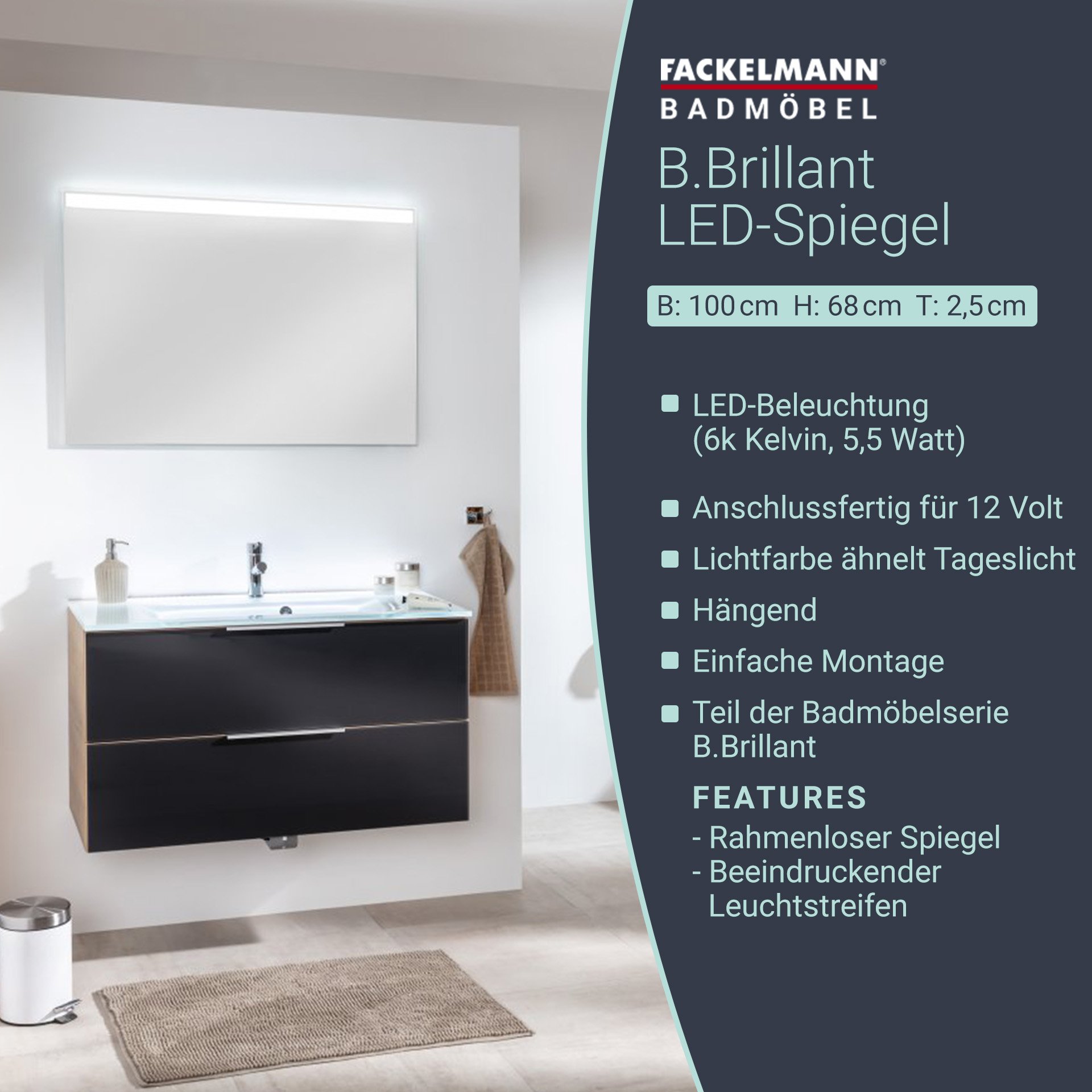 Fackelmann B.BRILLANT LED Spiegel 100 cm