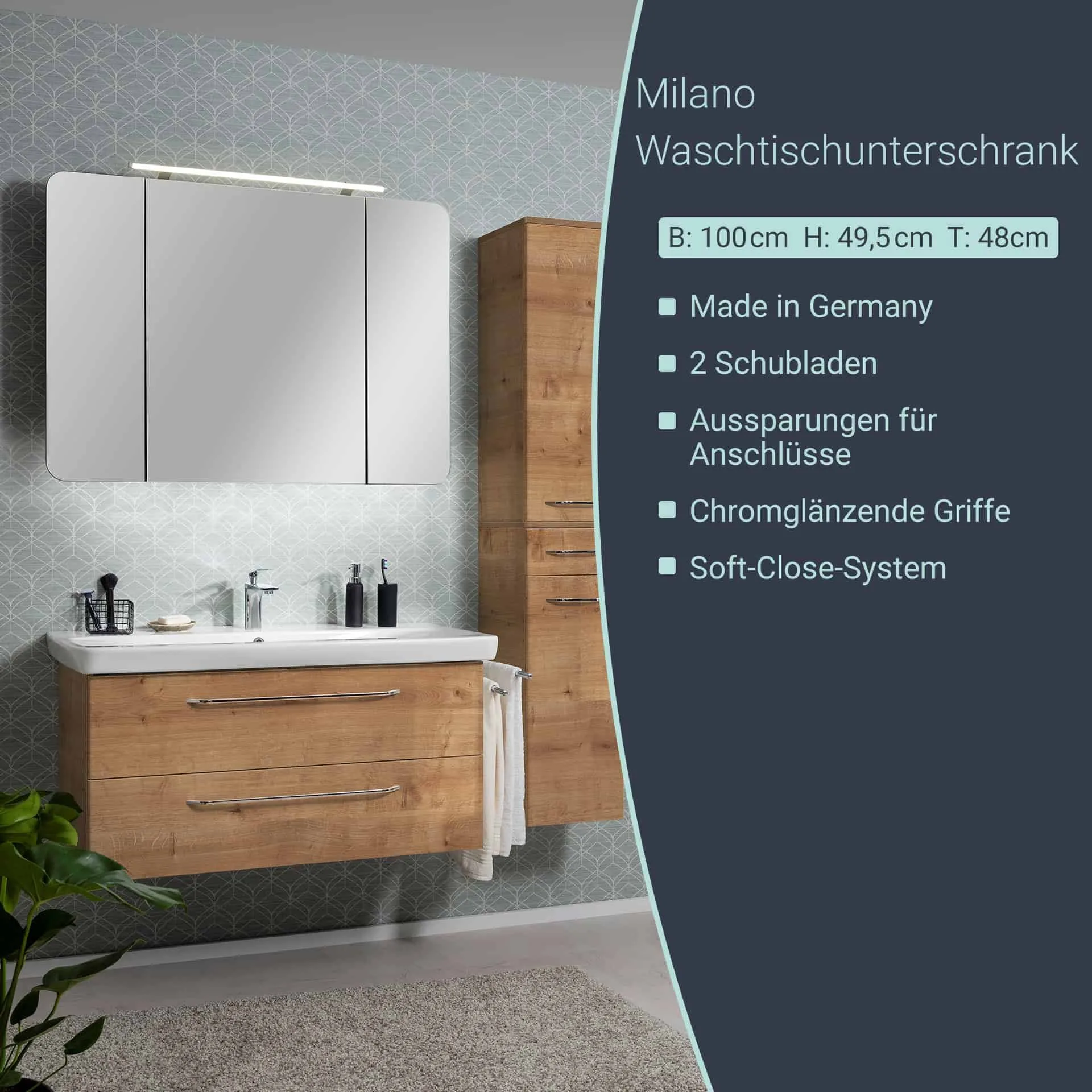 FACKELMANN MILANO Waschbeckenunterschrank 100 cm breit, Braun hell